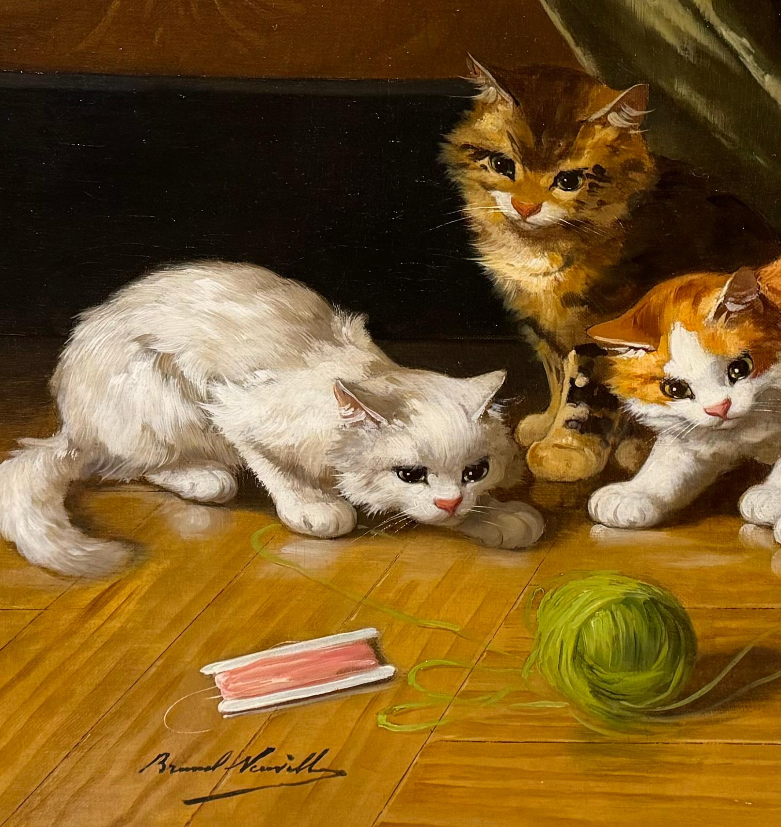 c.1900 Oil on Canvas ‘Kittens at play’ by AA Brunel de Neuville  In Good Condition In Bournemouth, GB