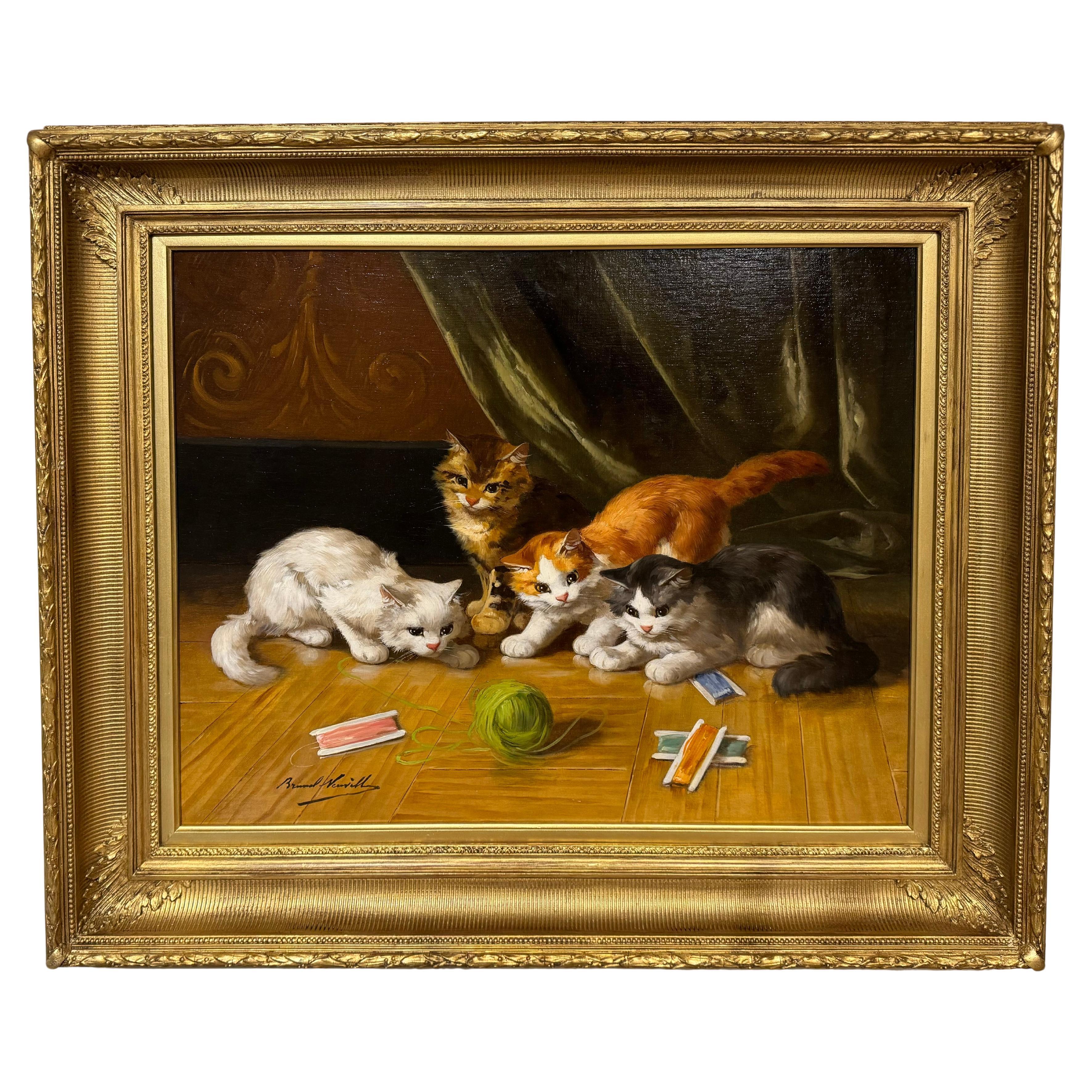 c.1900 Oil on Canvas ‘Kittens at play’ by AA Brunel de Neuville 