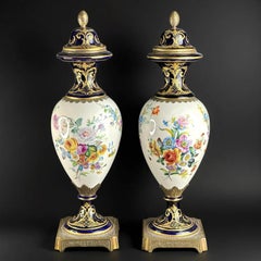 c.1900 - Pair of French Sèvres Style Porcelain Vases with Lids