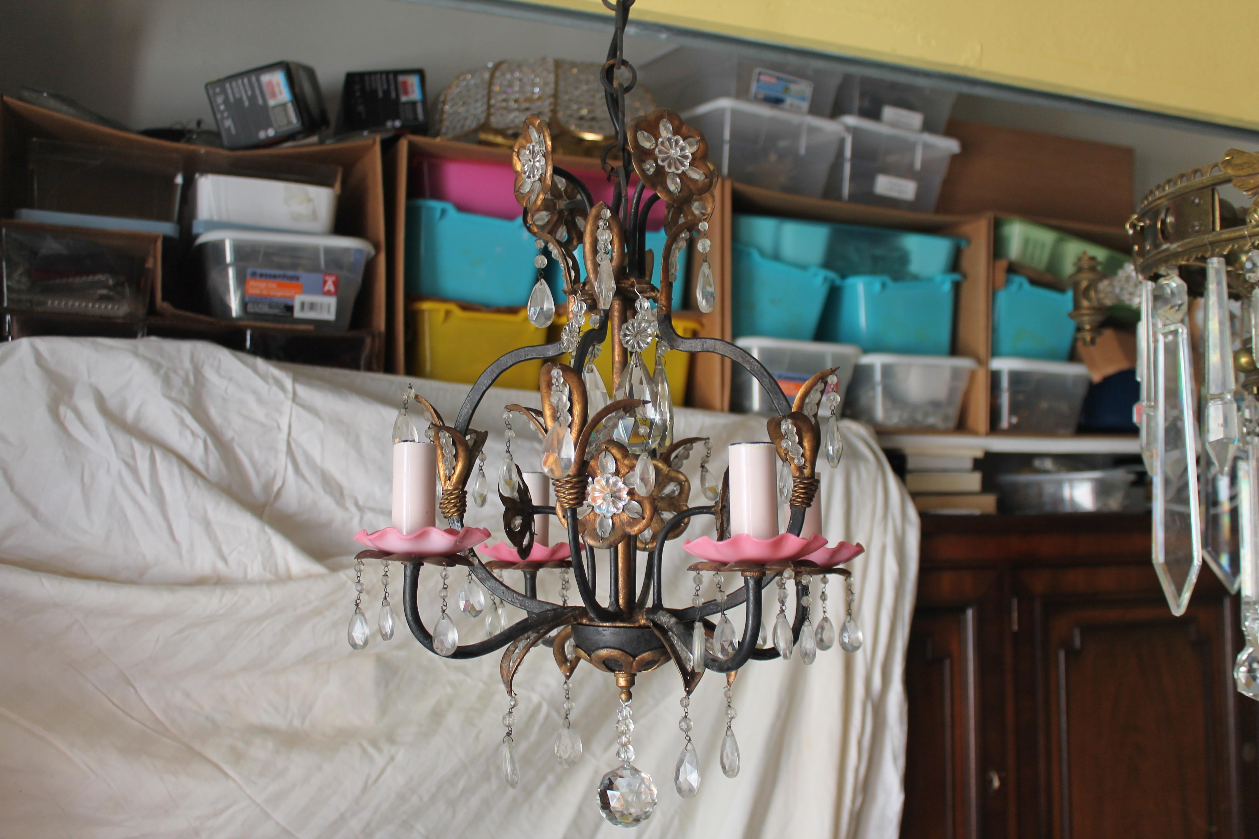 c1900 Petite French Art Nouveau Cut Crystal Floral Form Chandelier Shabby & Chic In Good Condition For Sale In Opa Locka, FL