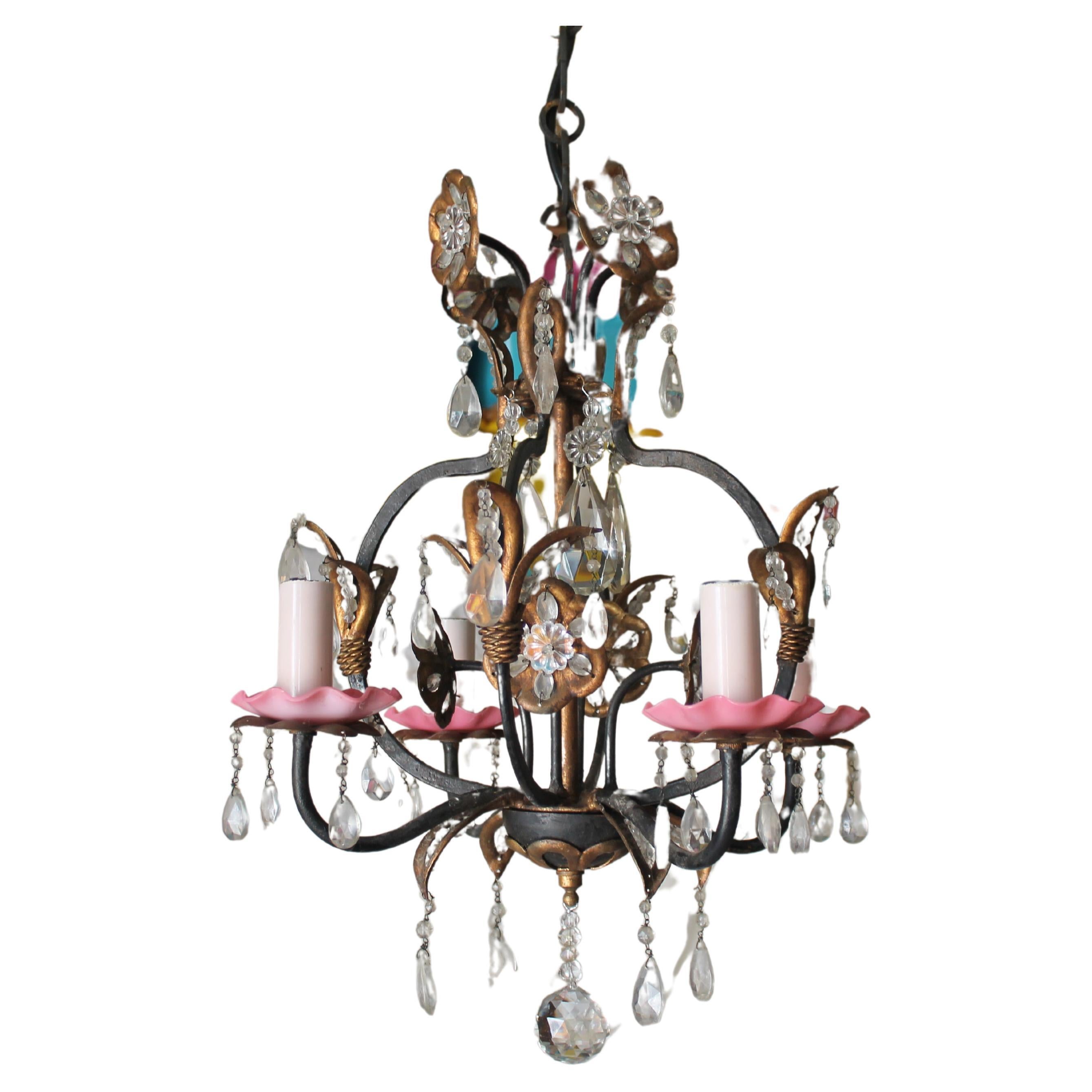 c1900 Petite French Art Nouveau Cut Crystal Floral Form Chandelier Shabby & Chic For Sale