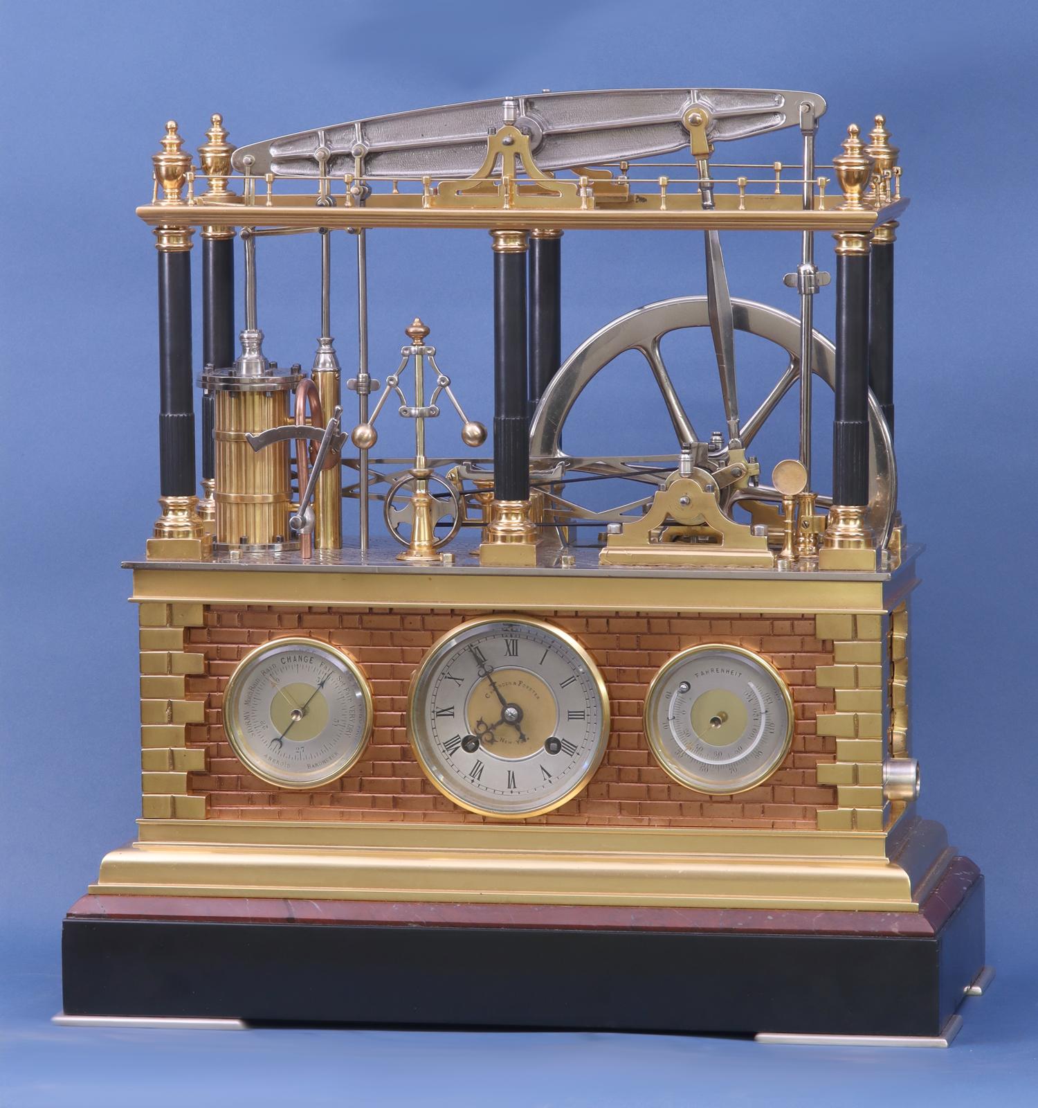 Maker:	
Retailed by Camerden & Forster, New York.
Most likely made by Diette Hour.

Description:	
Rare late-19th century animated industrial clock depicting a version of the double watt steam engine.

Case:	
The multi-finished decorative bronze case