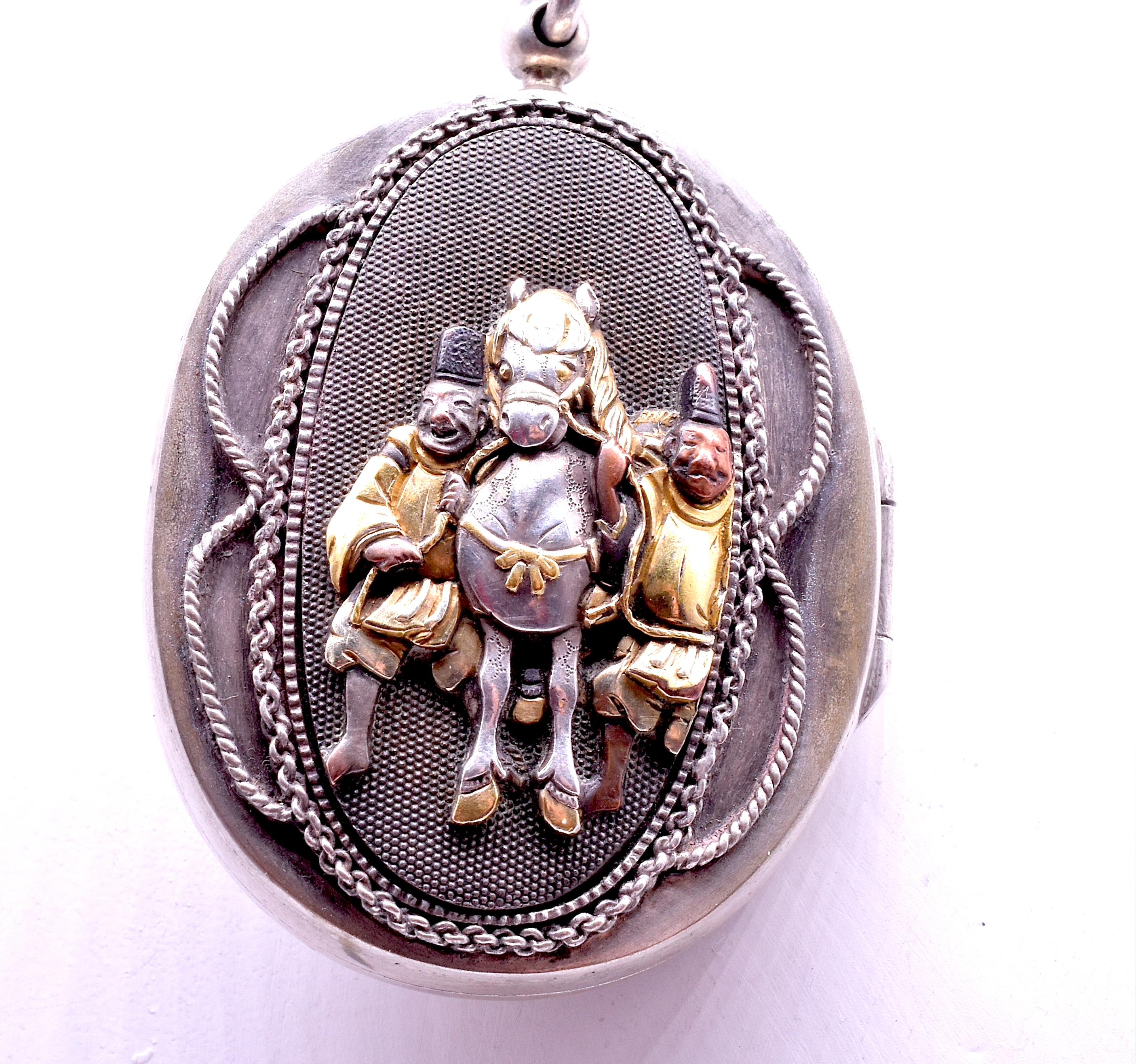 Aesthetic Movement Shakudo Locket and Integrated Chain with Two Enchanting Scenes, circa 1900