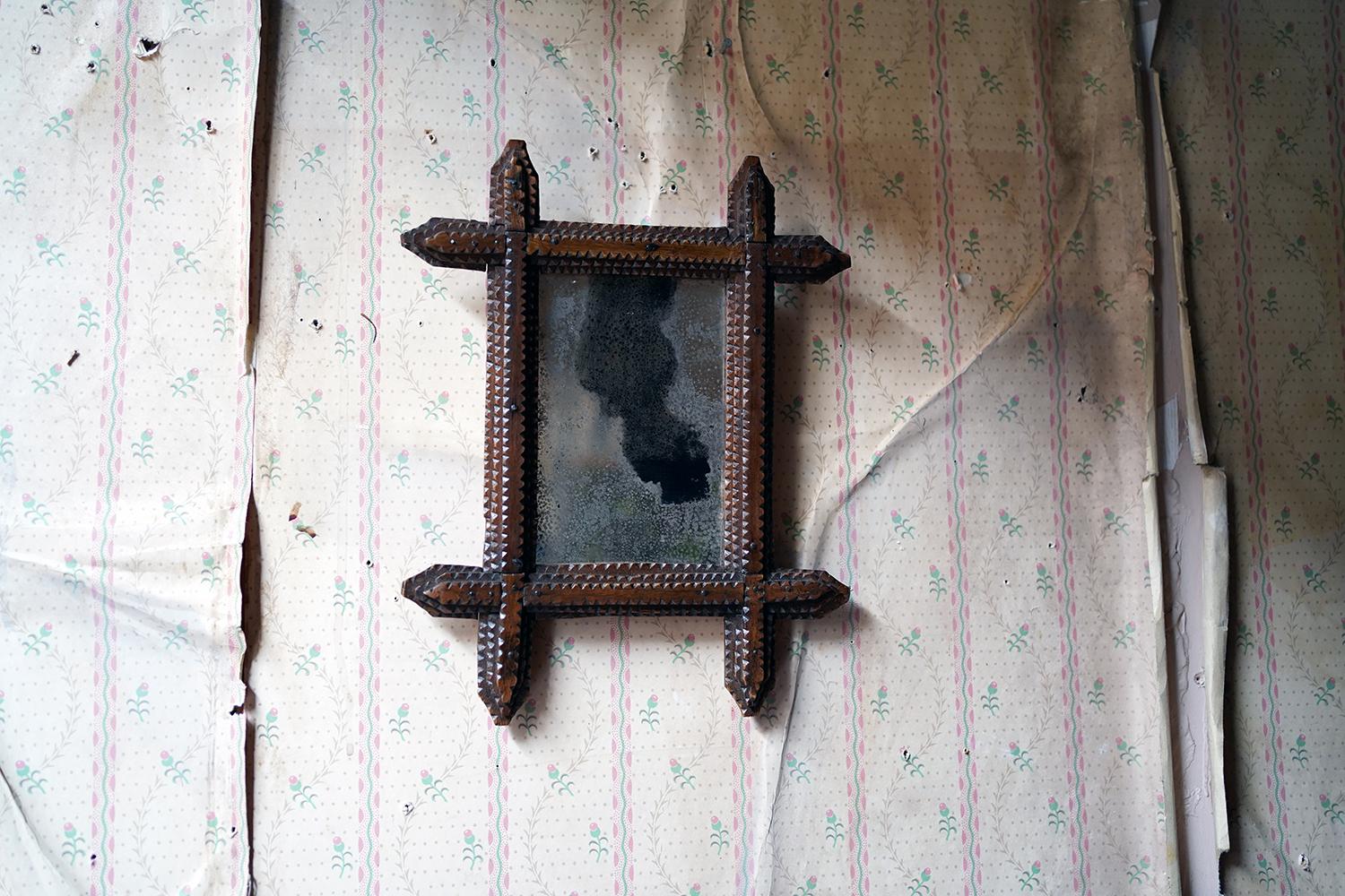 c.1900 Stained Pine Tramp Art Wall Mirror 7