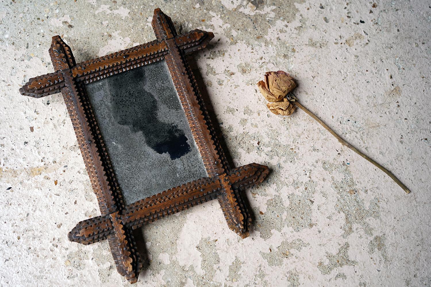 c.1900 Stained Pine Tramp Art Wall Mirror 2