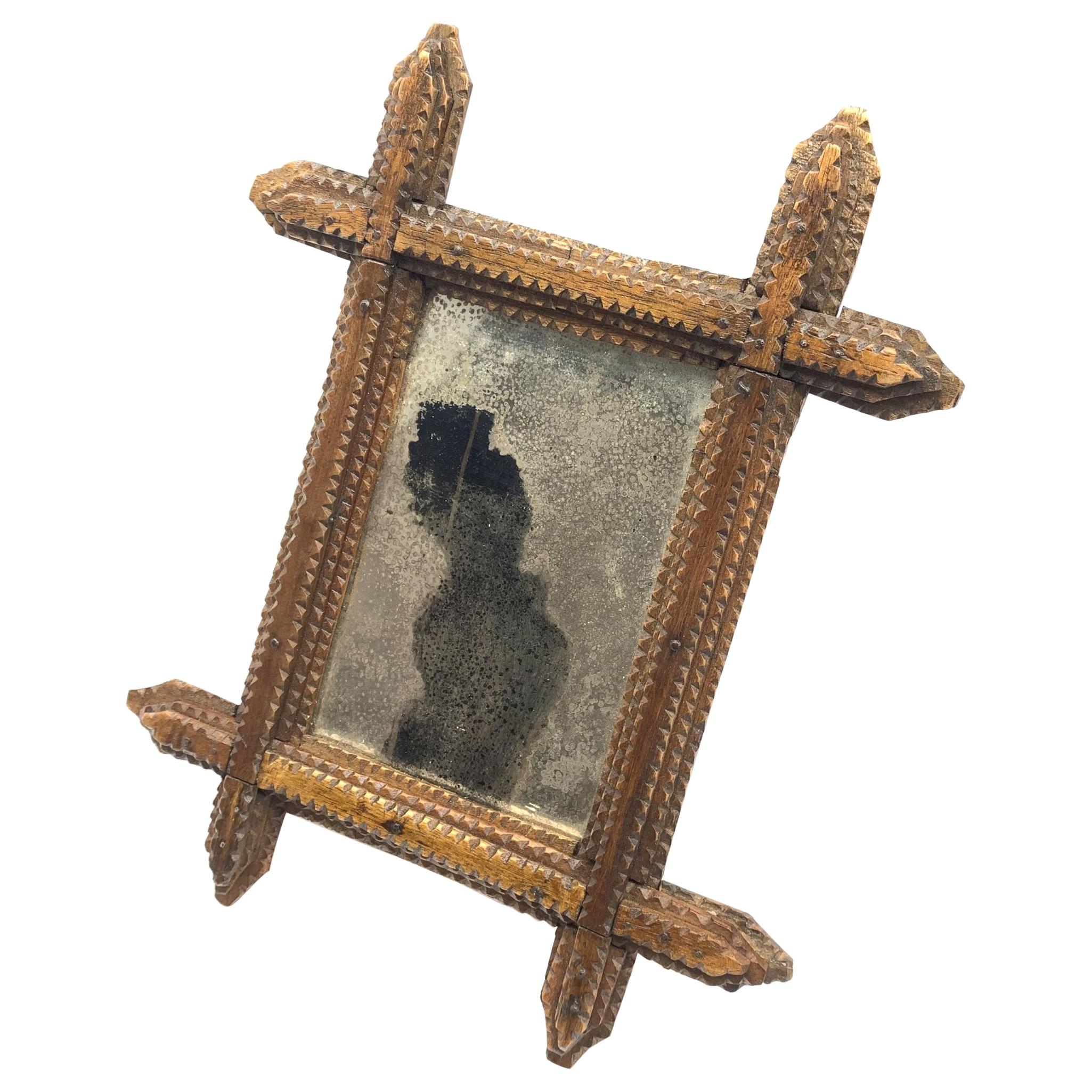 c.1900 Stained Pine Tramp Art Wall Mirror