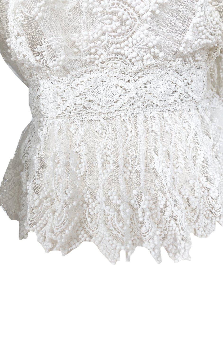 c1900s 3D White Embroidered Lace on Fine Silk Net Top w Elaborate Sleeves 6