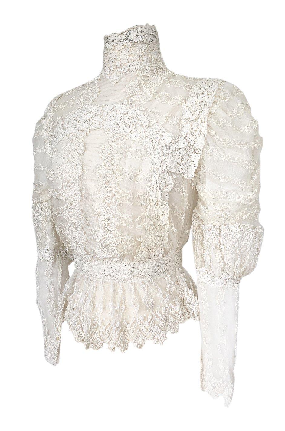 Women's c1900s 3D White Embroidered Lace on Fine Silk Net Top w Elaborate Sleeves
