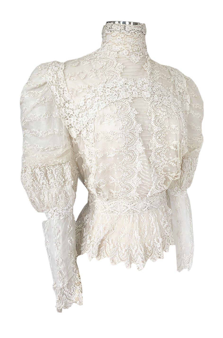 c1900s 3D White Embroidered Lace on Fine Silk Net Top w Elaborate Sleeves 1