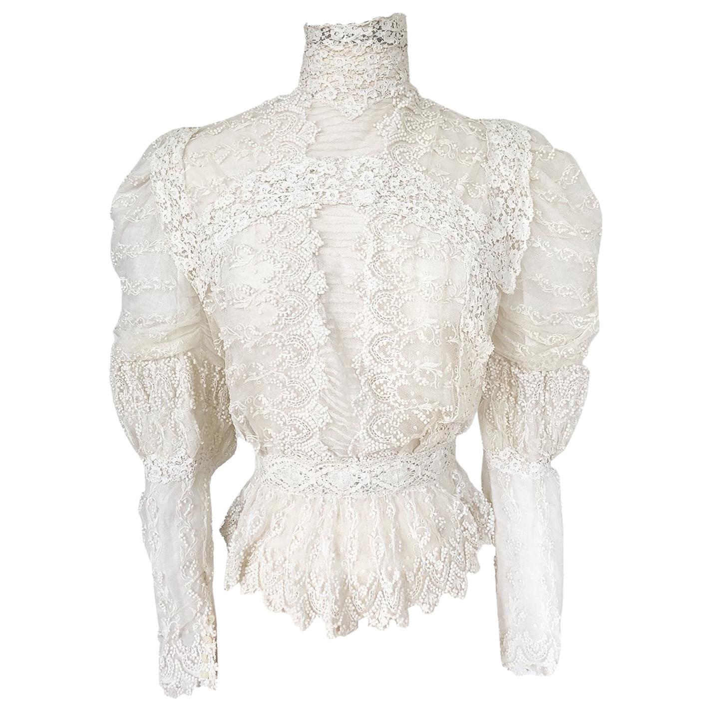 c1900s 3D White Embroidered Lace on Fine Silk Net Top w Elaborate Sleeves