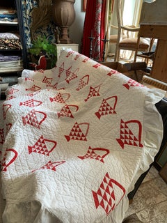 C1900s American folk white quit with Red basket design