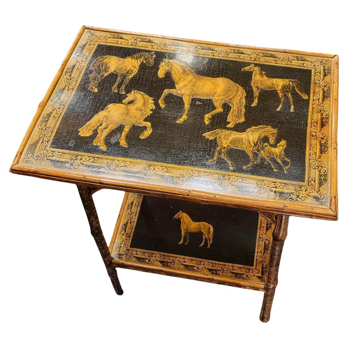 C1900s English Two Teared Horse Decor Bamboo  Side Table