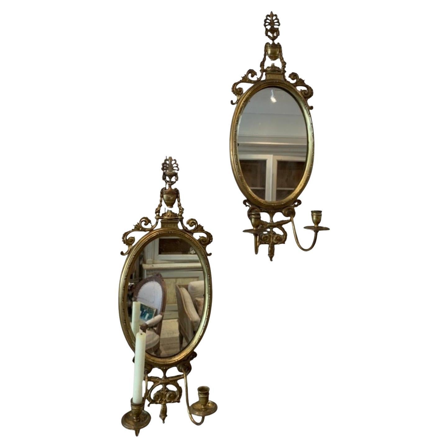 C1900s pair of Regency style mirrored brass sconces For Sale