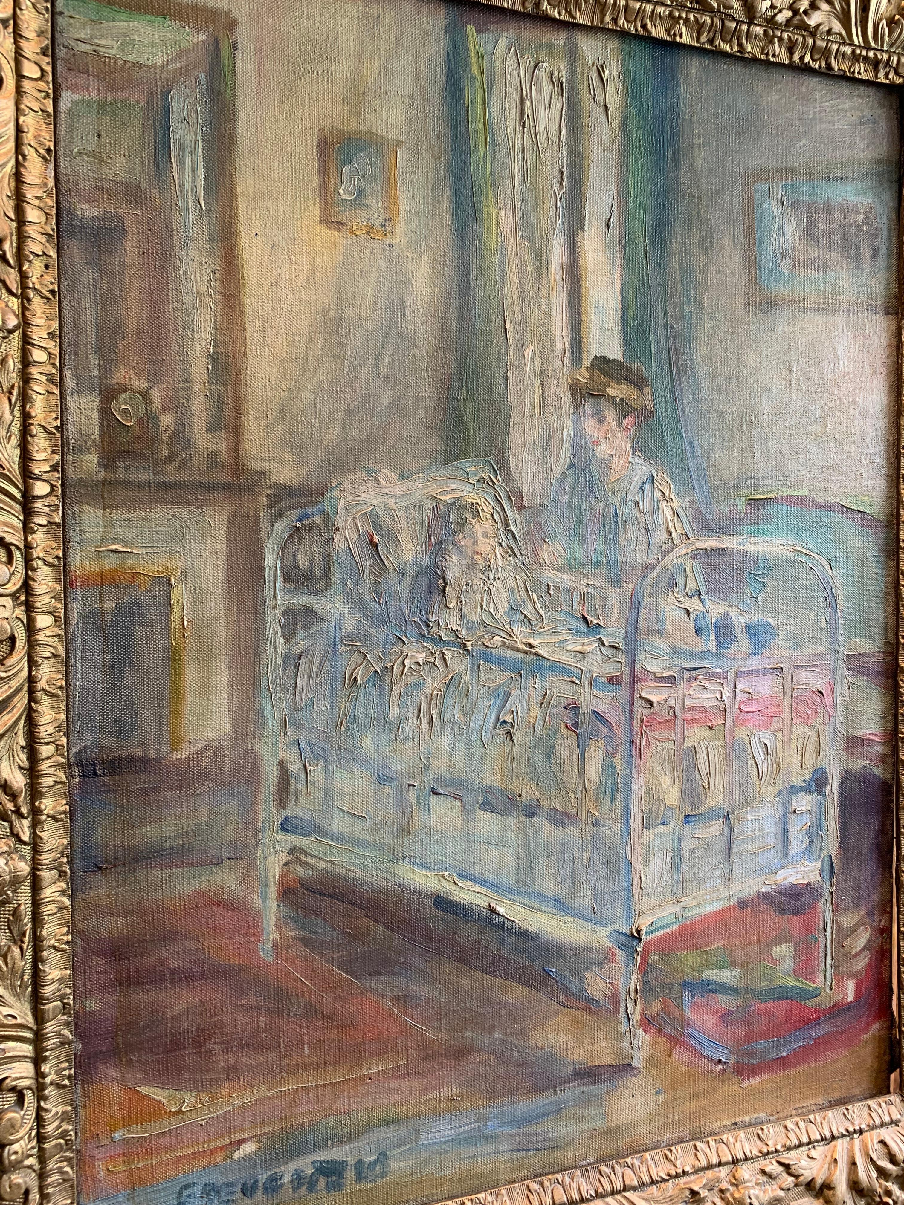 Schwedisches Ölgemälde einer Kindertagesstätte mit nanny, um 1900 im Angebot 5