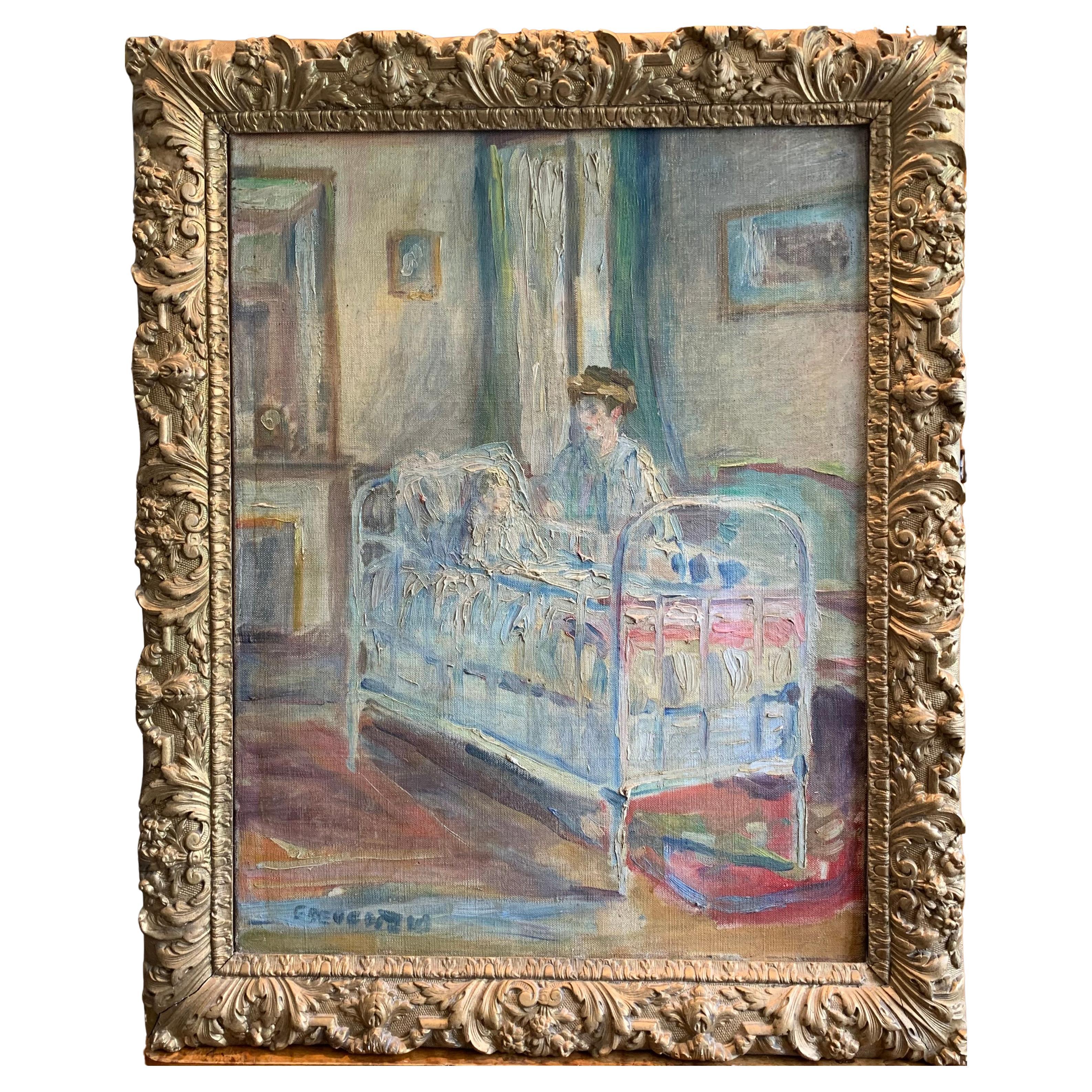 C1900s Swedish oil of Childs nursery with nanny