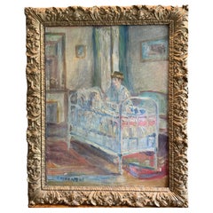 C1900s Swedish oil of Childs nursery with nanny