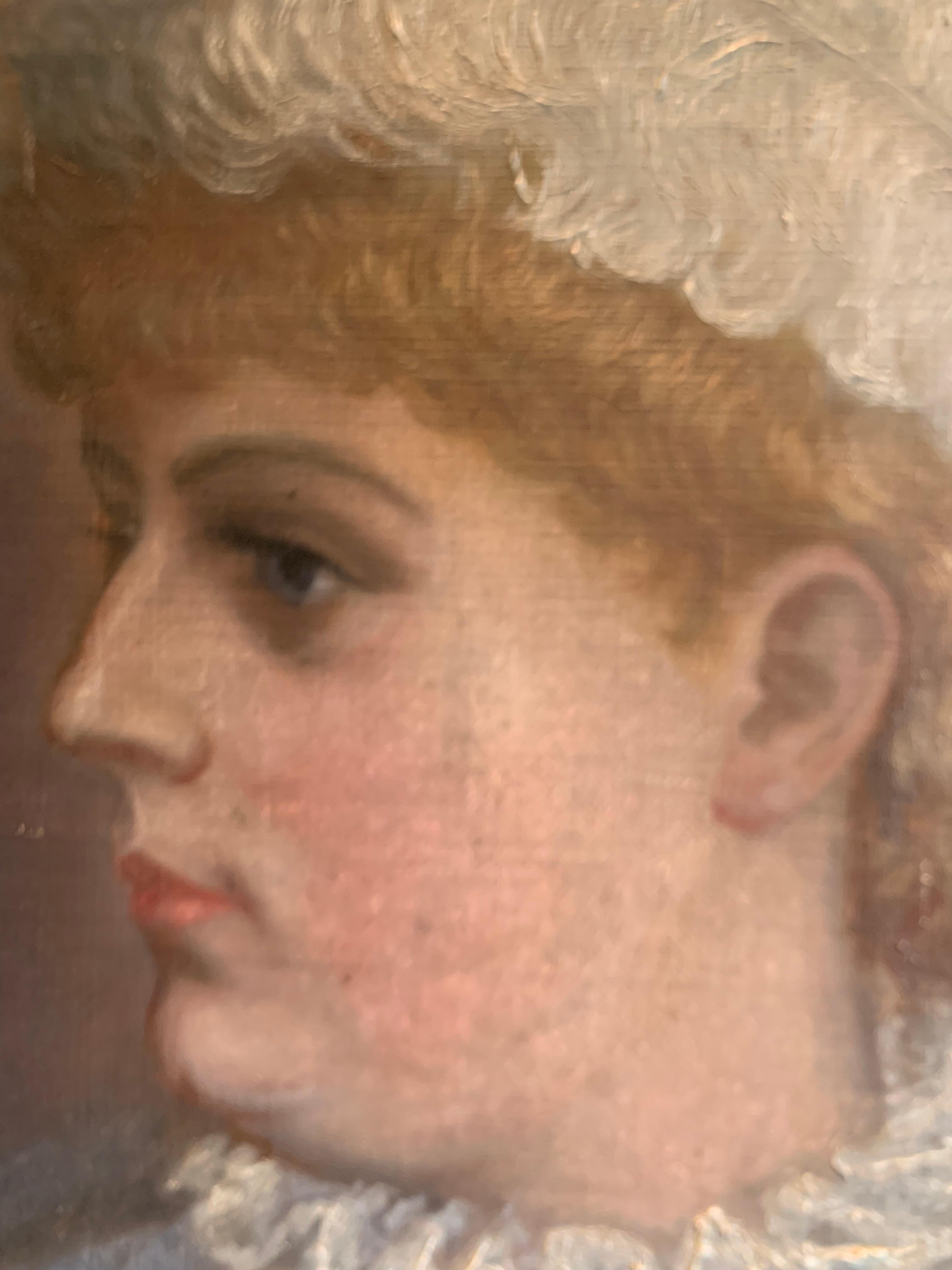 C1900s Swedish oil on canvas Lady in blue dress with a feather For Sale 3