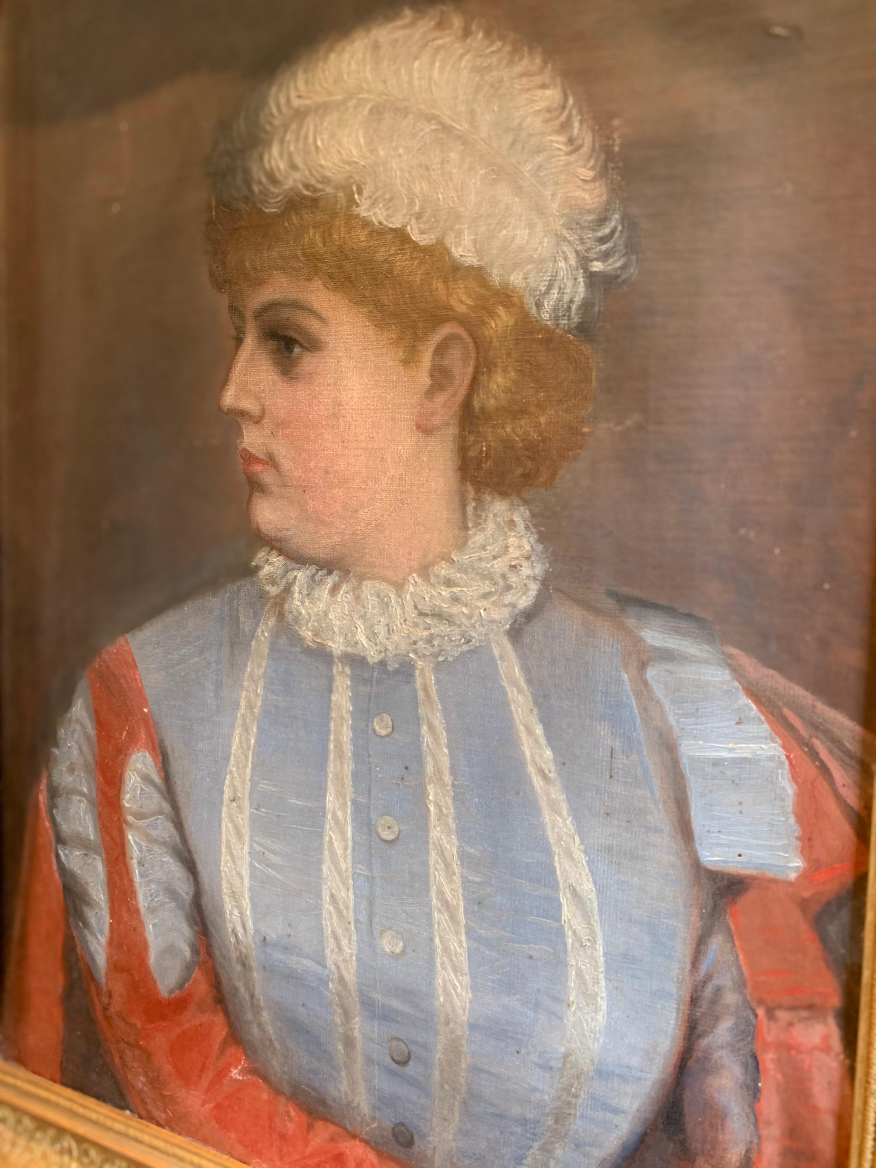 C1900s Swedish oil on canvas Lady in blue dress with a feather For Sale 4