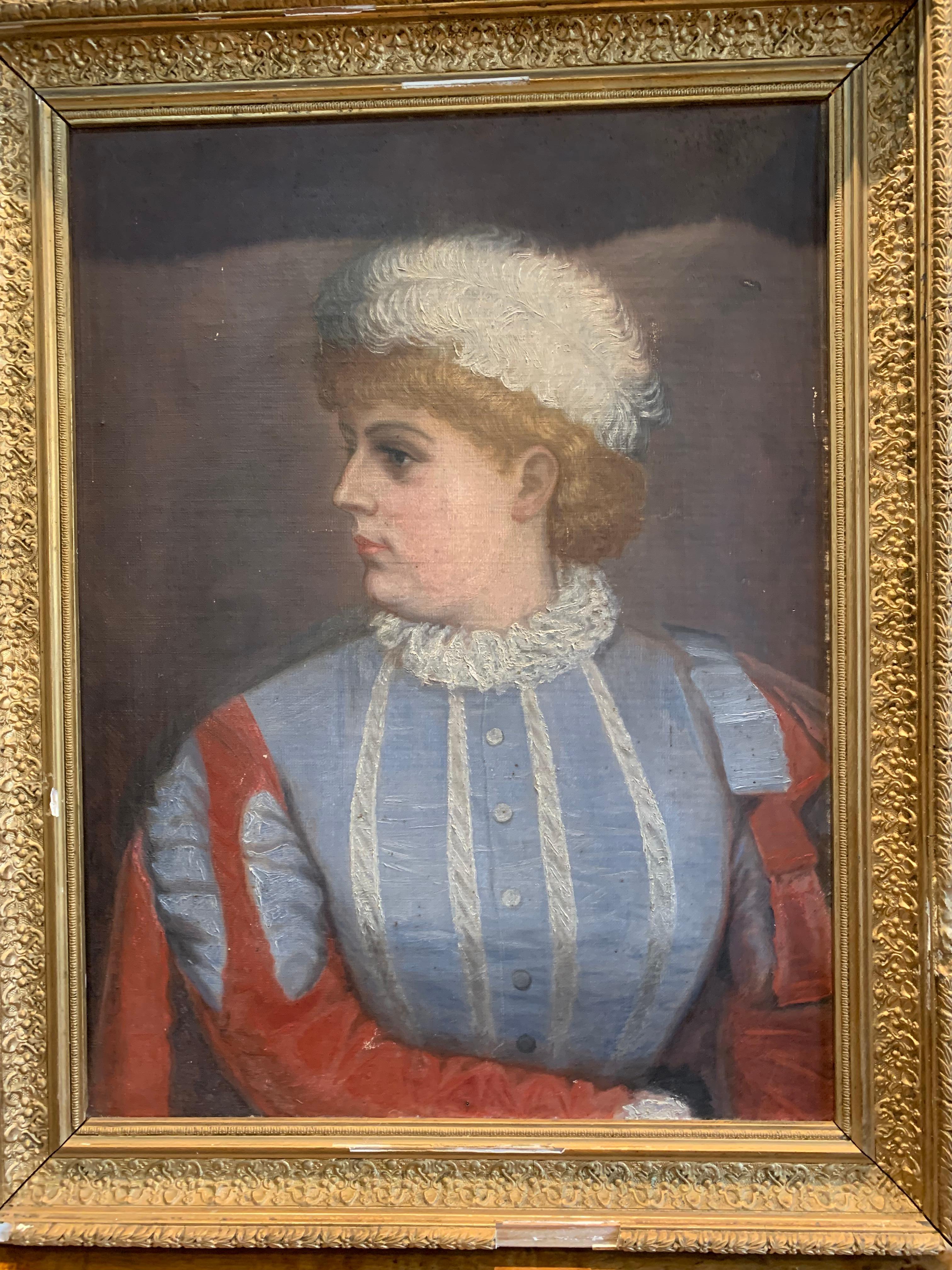 C1900s Swedish oil on canvas Lady in blue dress with a feather For Sale 5