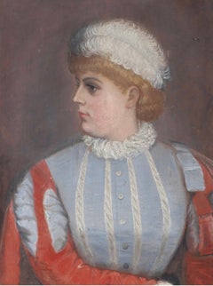 C1900s Swedish oil on canvas Lady in blue dress with a feather