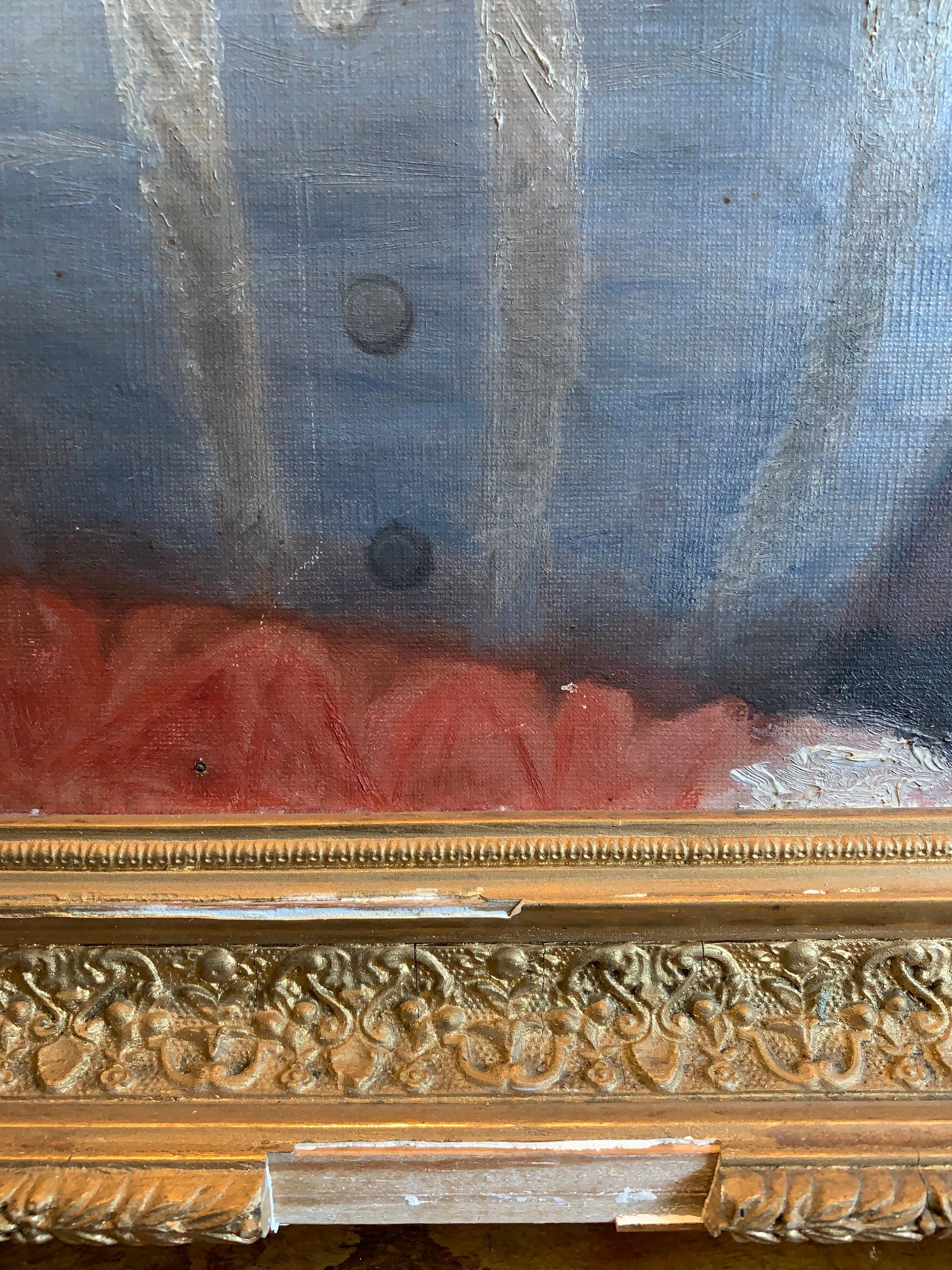 C1900s Swedish oil on canvas Lady in blue dress with a feather In Good Condition For Sale In London, GB