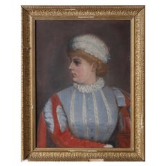 C1900s Swedish oil on canvas Lady in blue dress with a feather