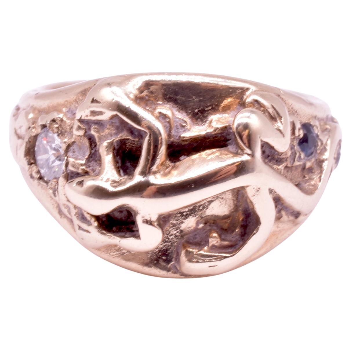 C1910 14K Diamant und Saphir Nieten-Ring mit geschnitzter Eidechsenform 1