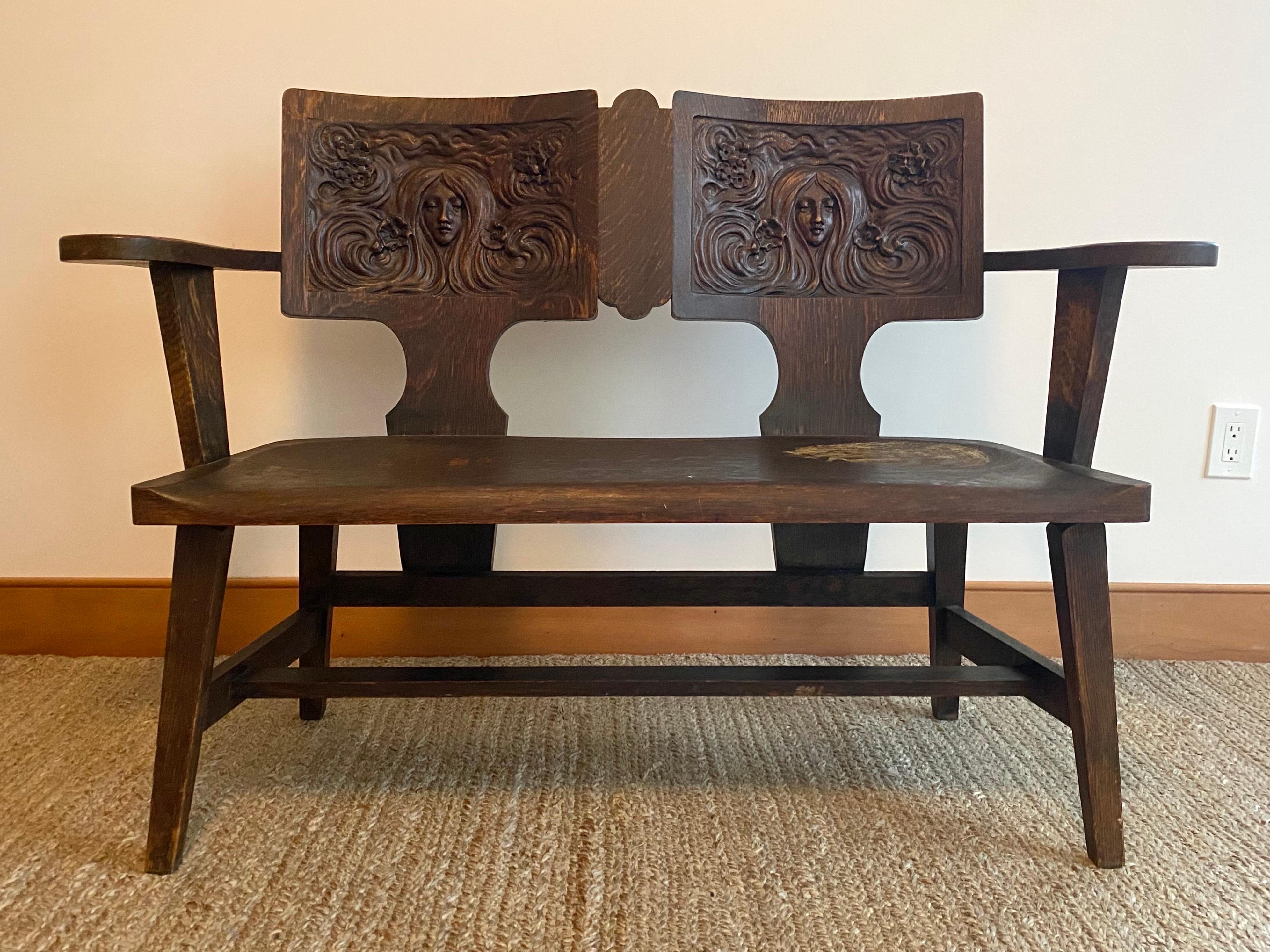 c1910 Art Nouveau Symbolist Oak Bench Settee by the George Arndt Chair Company For Sale 5