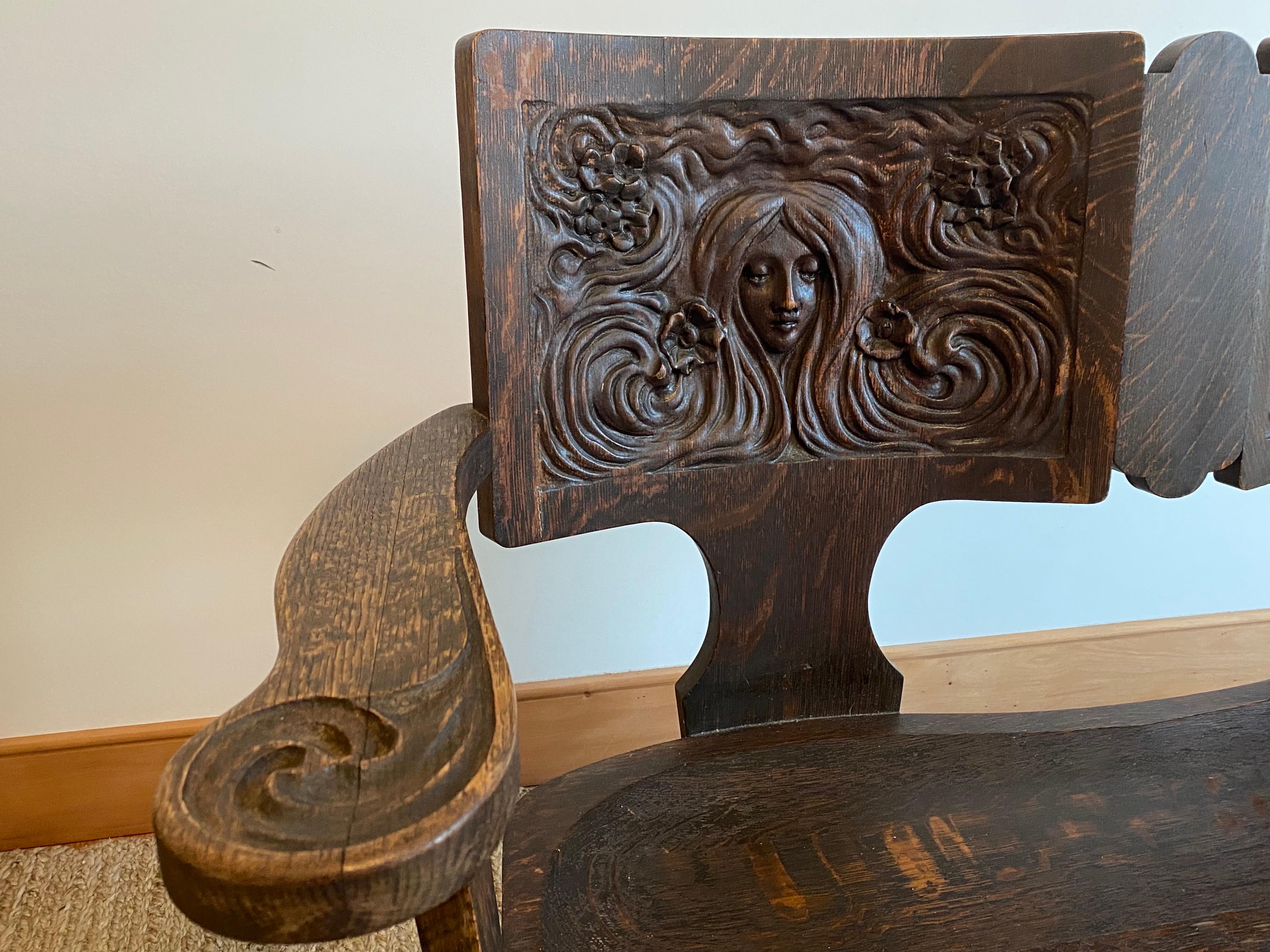 c1910 Art Nouveau Symbolist Oak Bench Settee by the George Arndt Chair Company For Sale 6