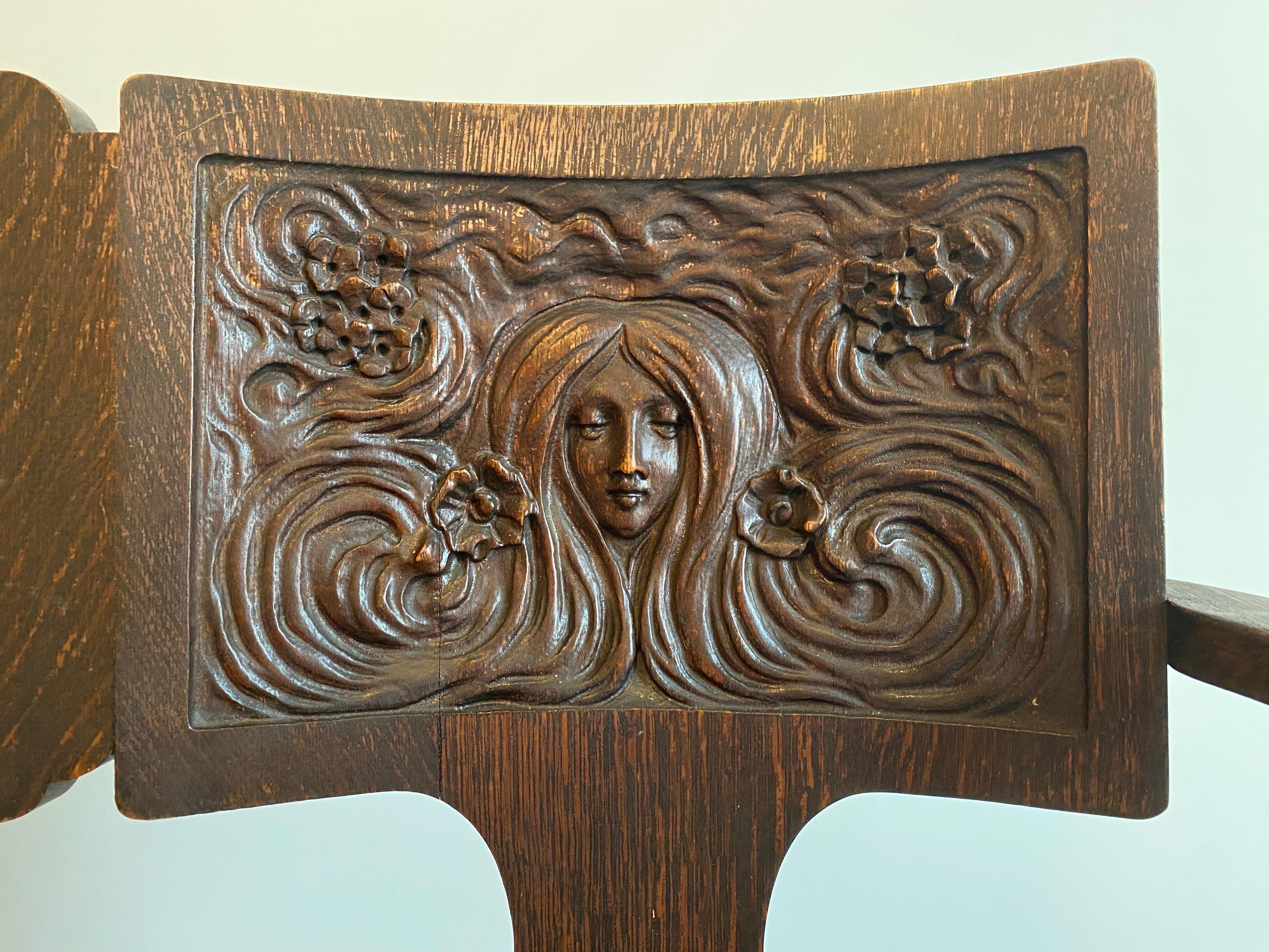 c1910 Art Nouveau Symbolist Oak Bench Settee by the George Arndt Chair Company For Sale 7