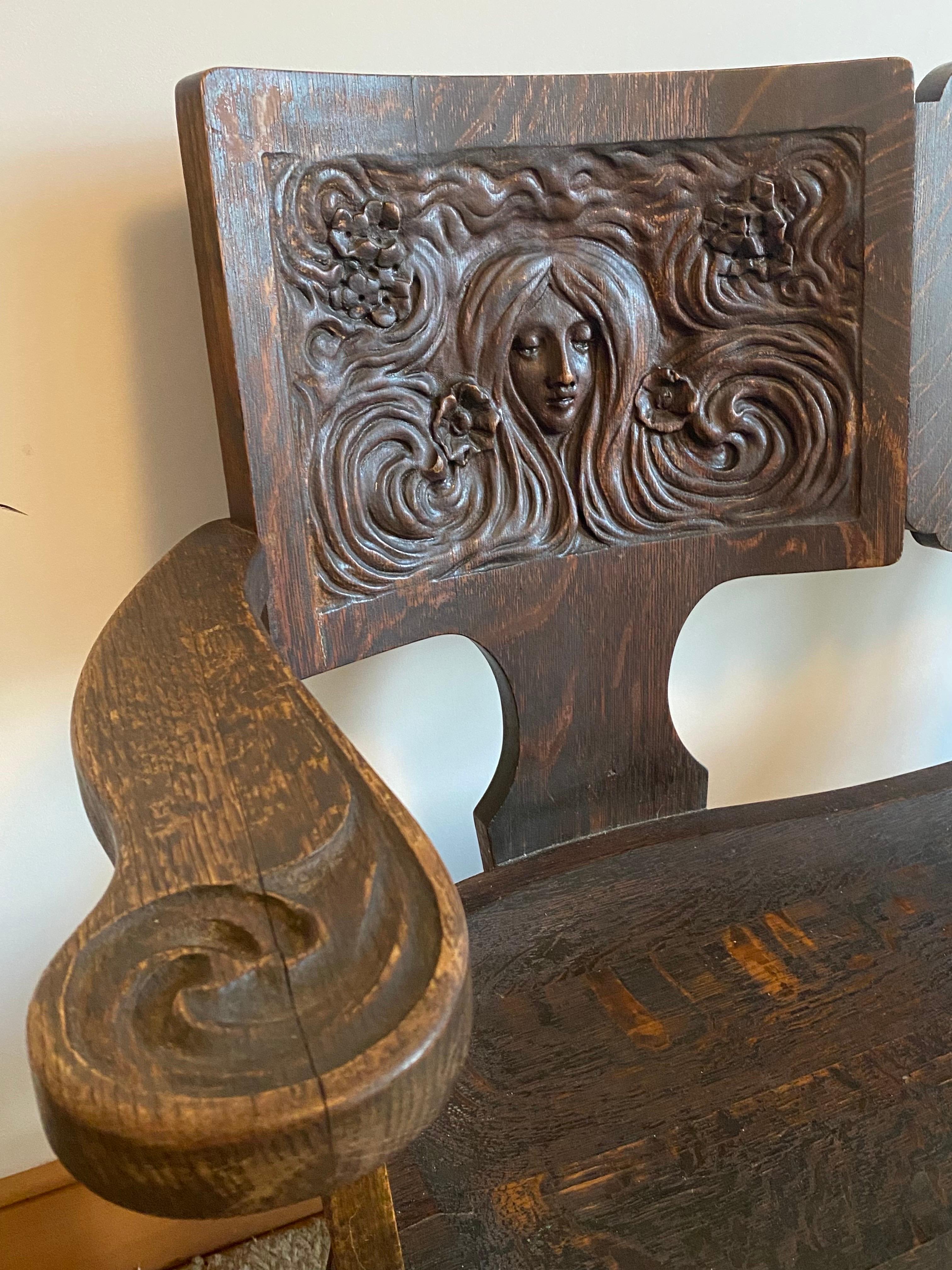 American c1910 Art Nouveau Symbolist Oak Bench Settee by the George Arndt Chair Company For Sale