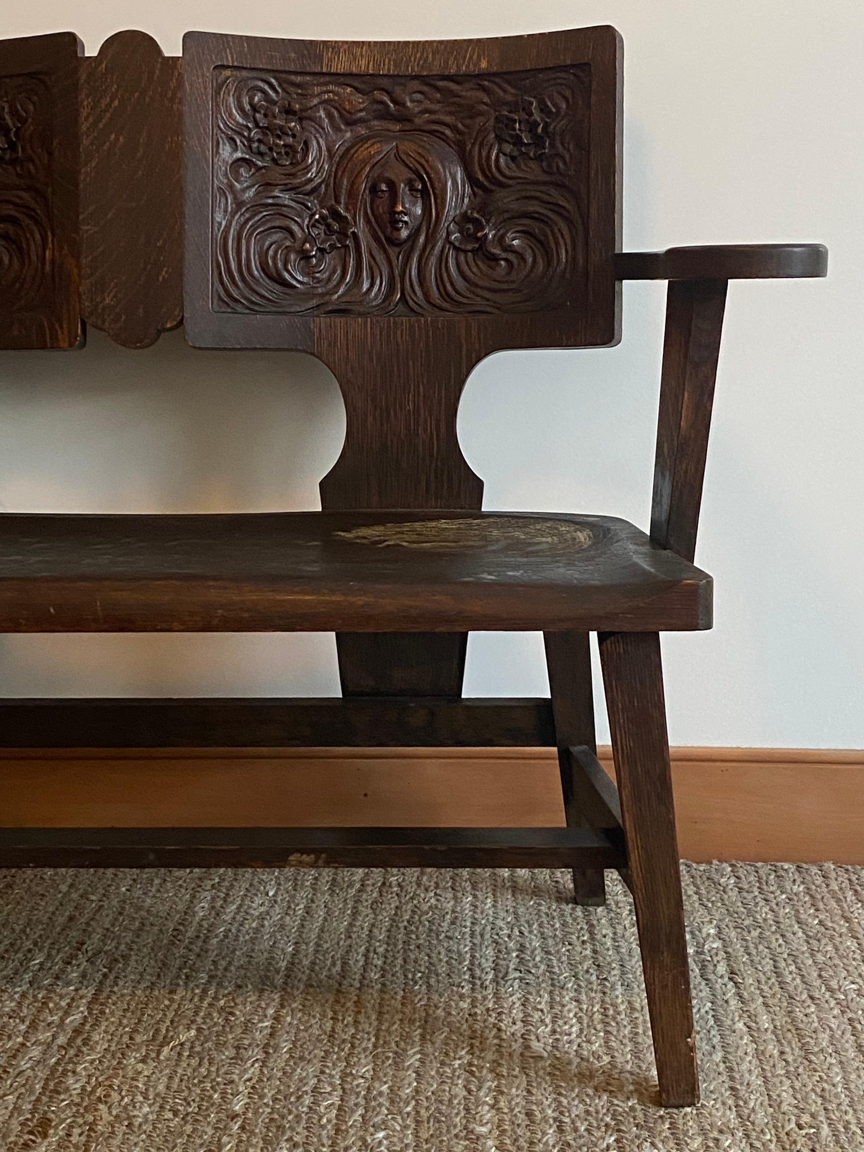c1910 Art Nouveau Symbolist Oak Bench Settee by the George Arndt Chair Company For Sale 2