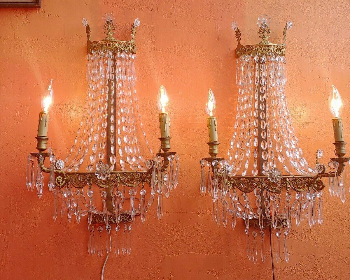 c1910 Pair of French Empire style Gilt Metal Wall Sconces. In the cascading crystal to form tent bottom - that is this style. Bronzse framed Rair pair.