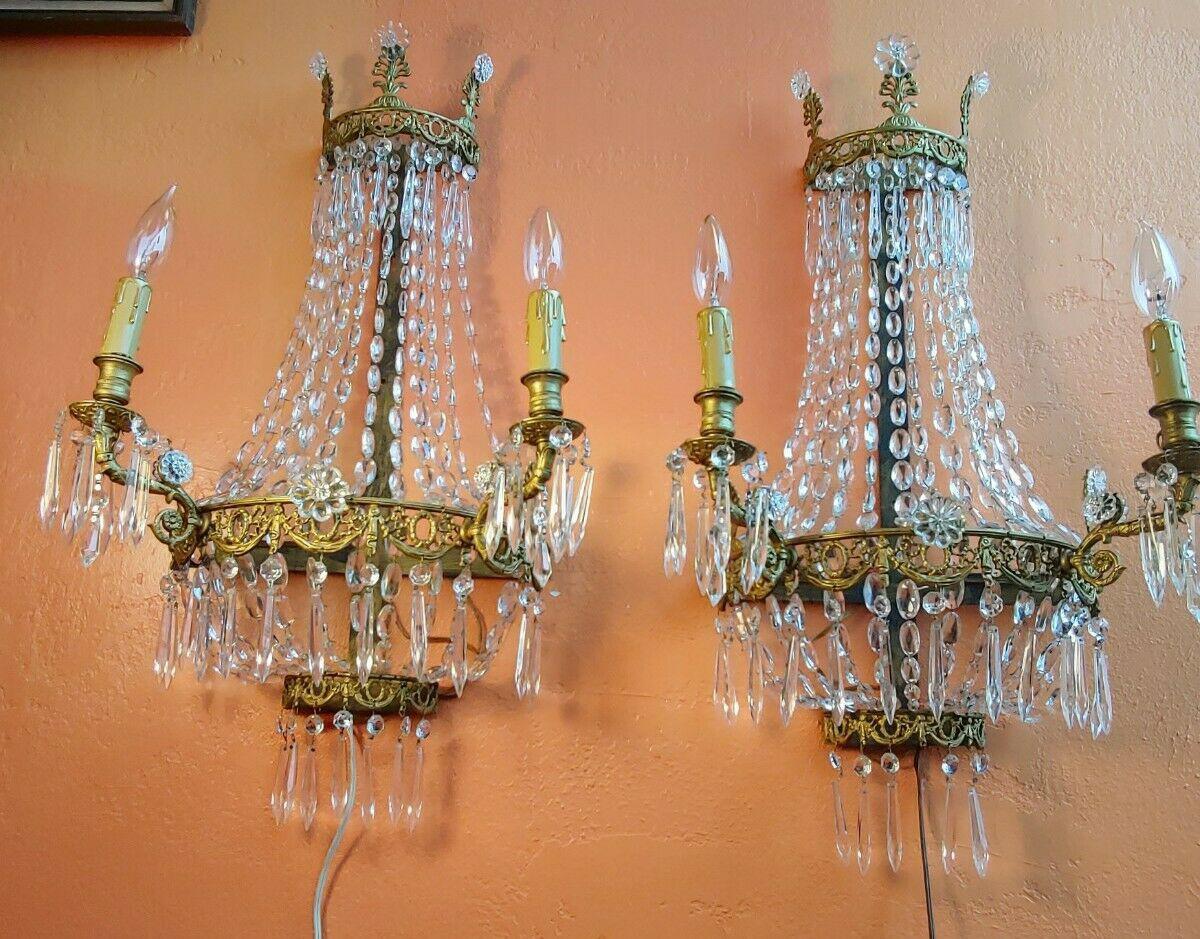 c1910 French Empire Gilt Metal Framed Cut Cascading Crystal Form Basket Sconces In Good Condition For Sale In Opa Locka, FL