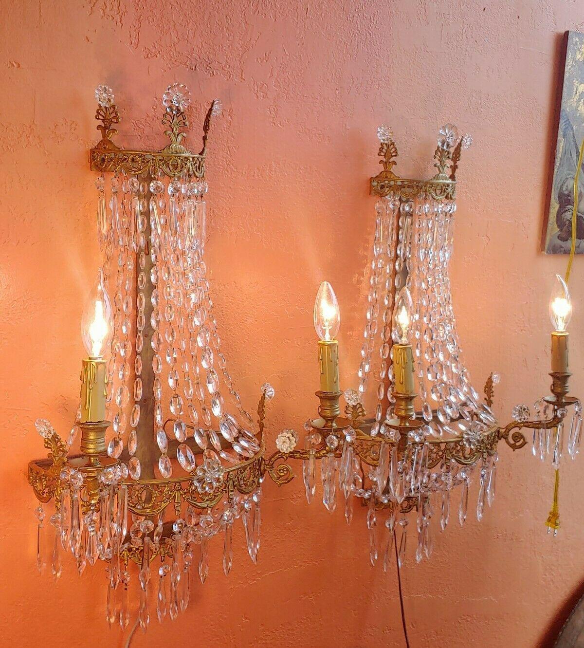 Early 20th Century c1910 French Empire Gilt Metal Framed Cut Cascading Crystal Form Basket Sconces For Sale