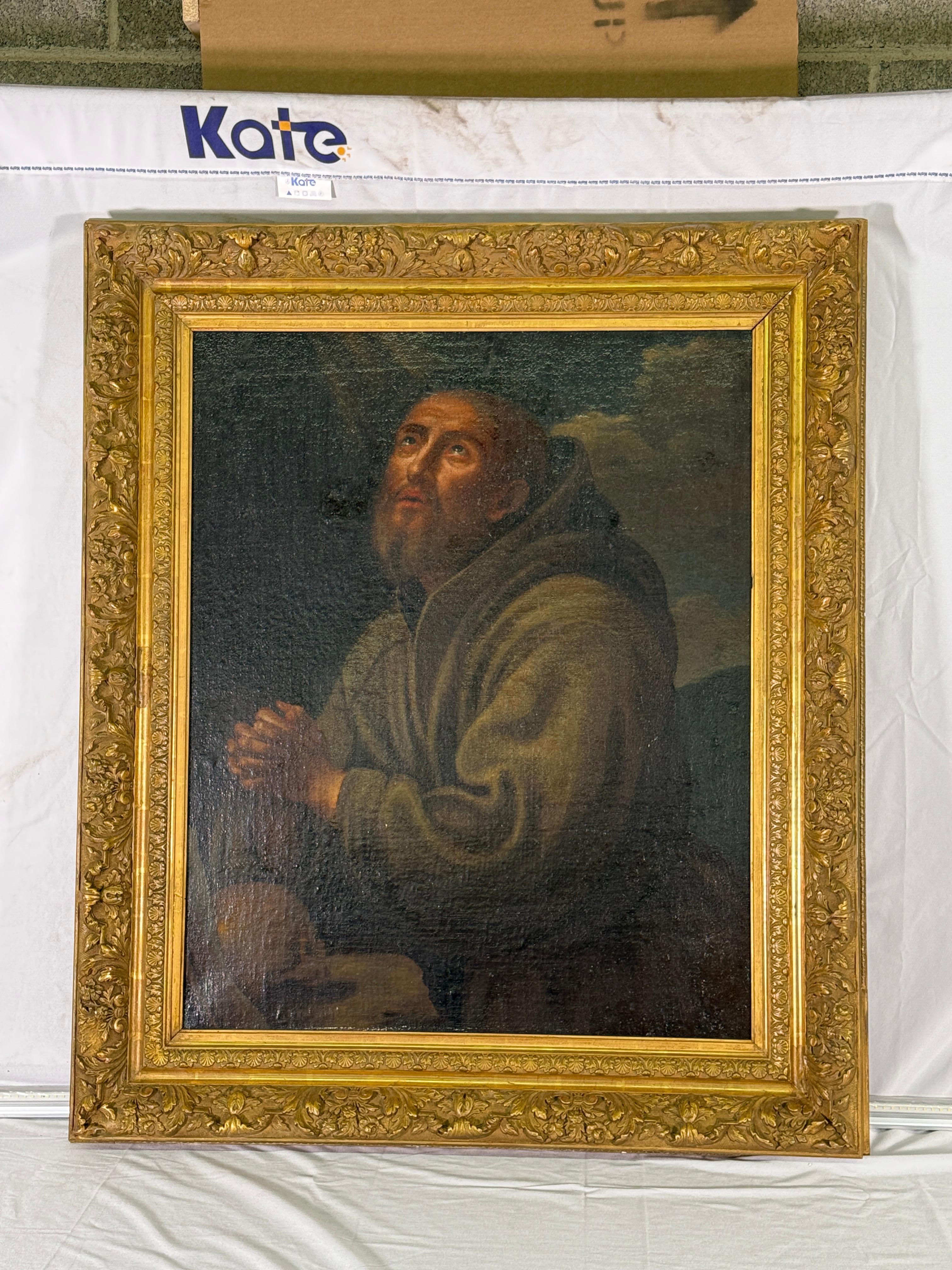 Oiled C1910 Large French Oil Painting of Saint Francis of Assisi For Sale