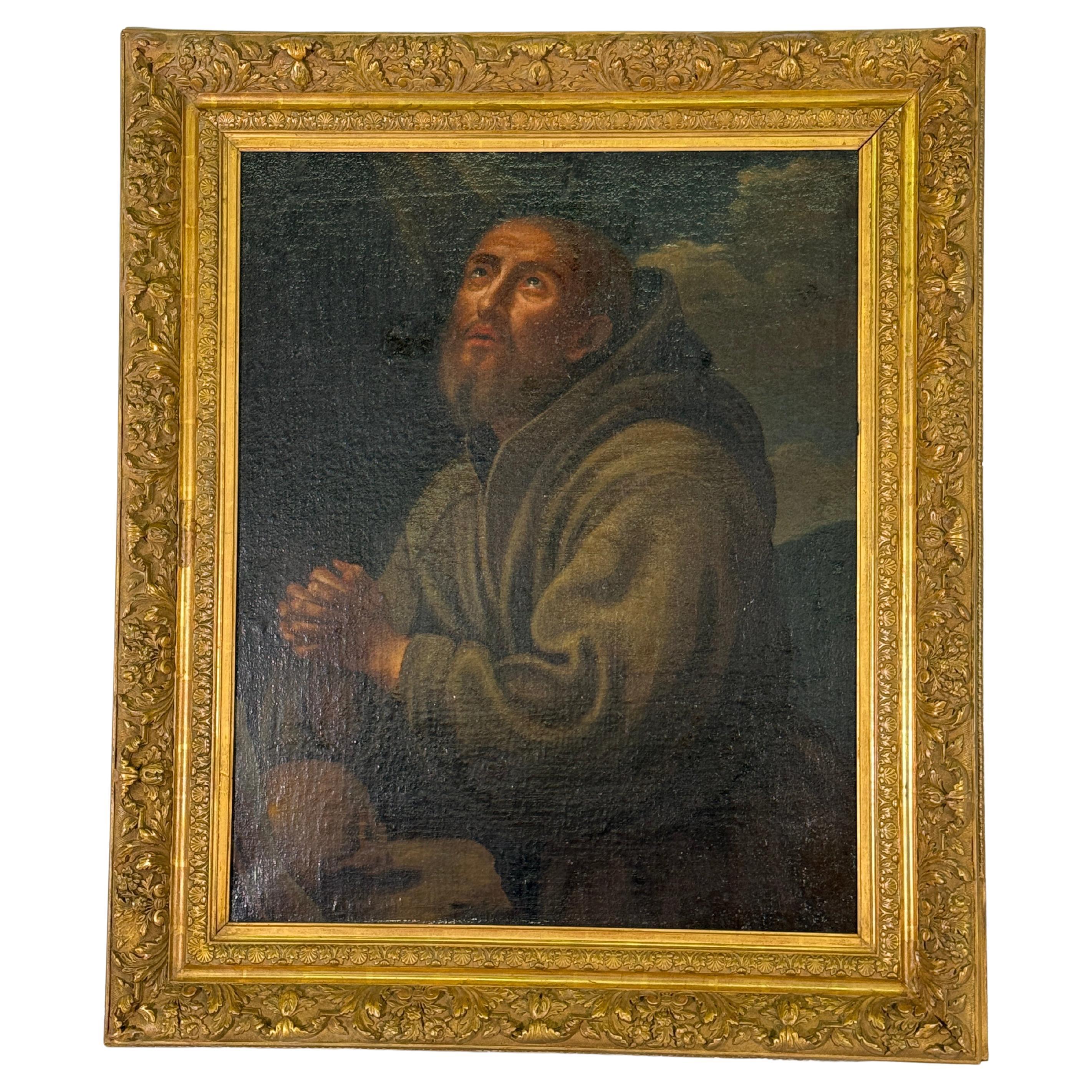 Grande dipinto a olio francese del 1910 raffigurante San Francesco d'Assisi