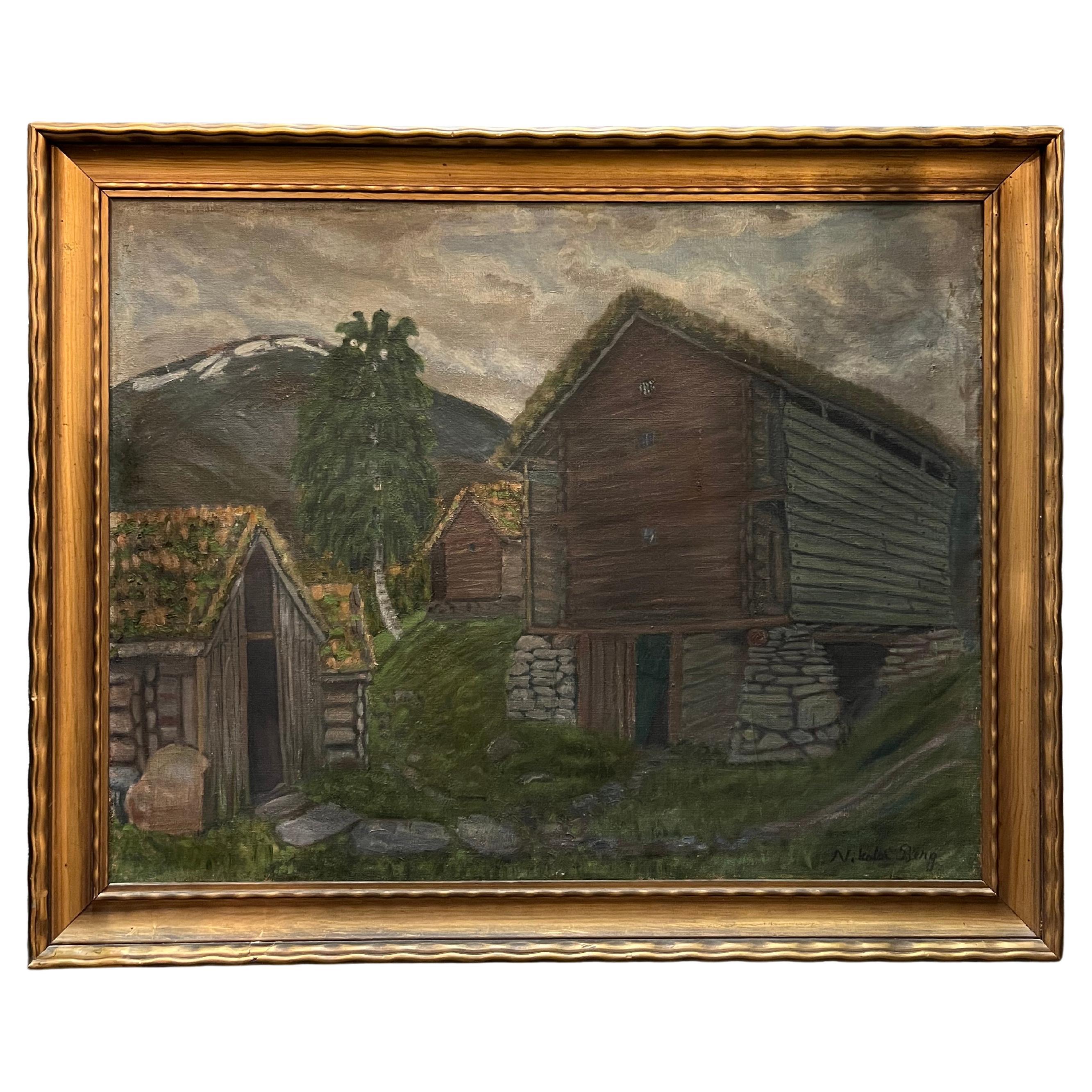 ca. 1910 Ölgemälde "Bauernhof auf Jølster" von Nikolai Berg (Norwegen 1875-1955) im Angebot