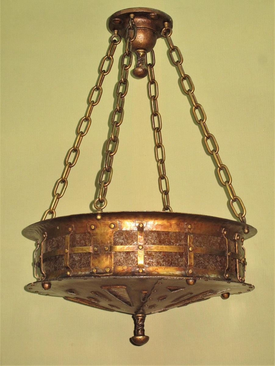 American c.1916 Massive Craftsman Fixture all Hand Wrought Original Finish Two Available  For Sale