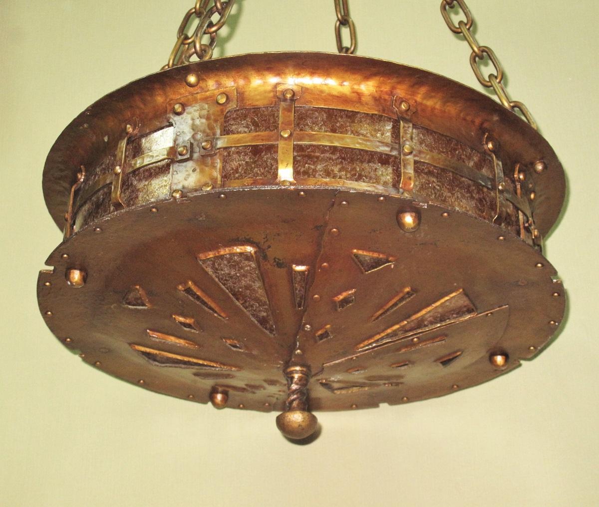Hammered c.1916 Massive Craftsman Fixture all Hand Wrought Original Finish Two Available For Sale