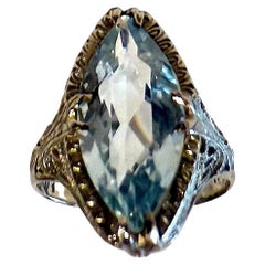 C1920 Deco 18K White Gold  Filligris ring with an oval cut  3 carat aquamarine