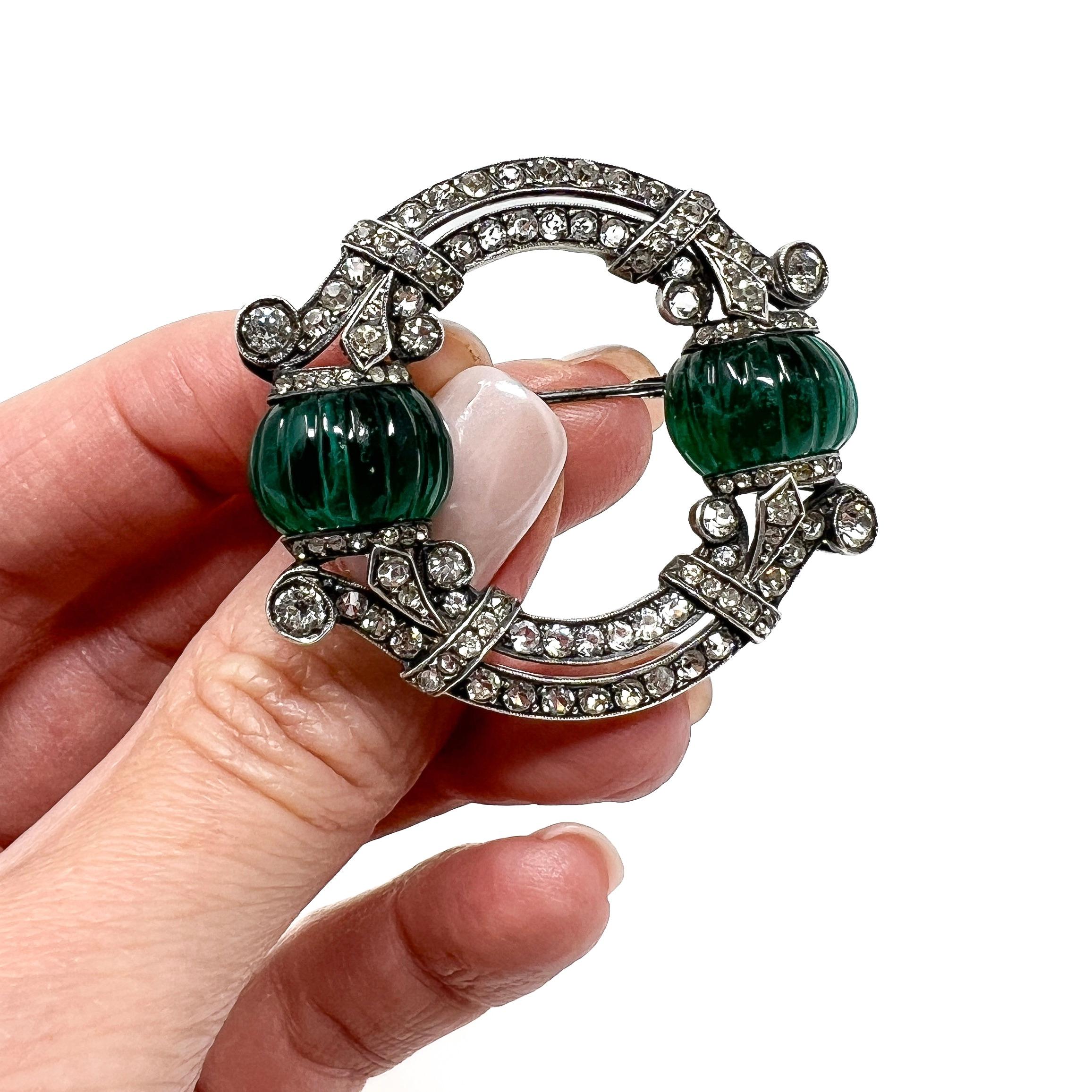 c.1920 Art Deco French Silver, Paste and Emerald Melon Cut Glass Vintage Brooch For Sale 6