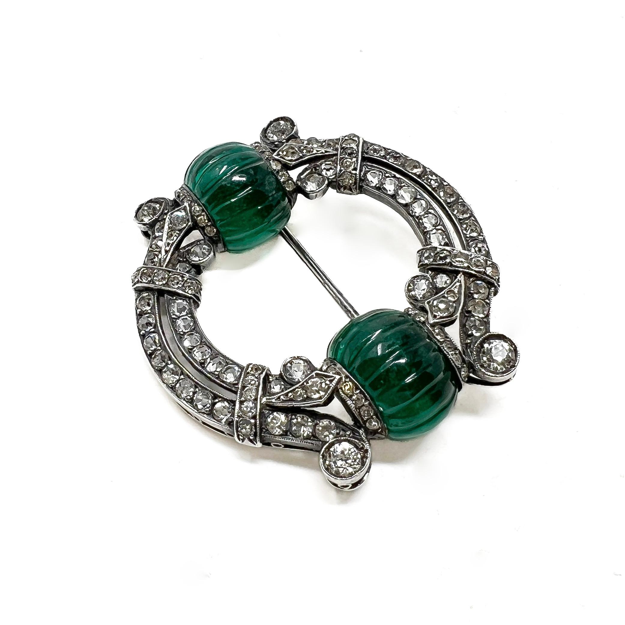 Women's c.1920 Art Deco French Silver, Paste and Emerald Melon Cut Glass Vintage Brooch For Sale