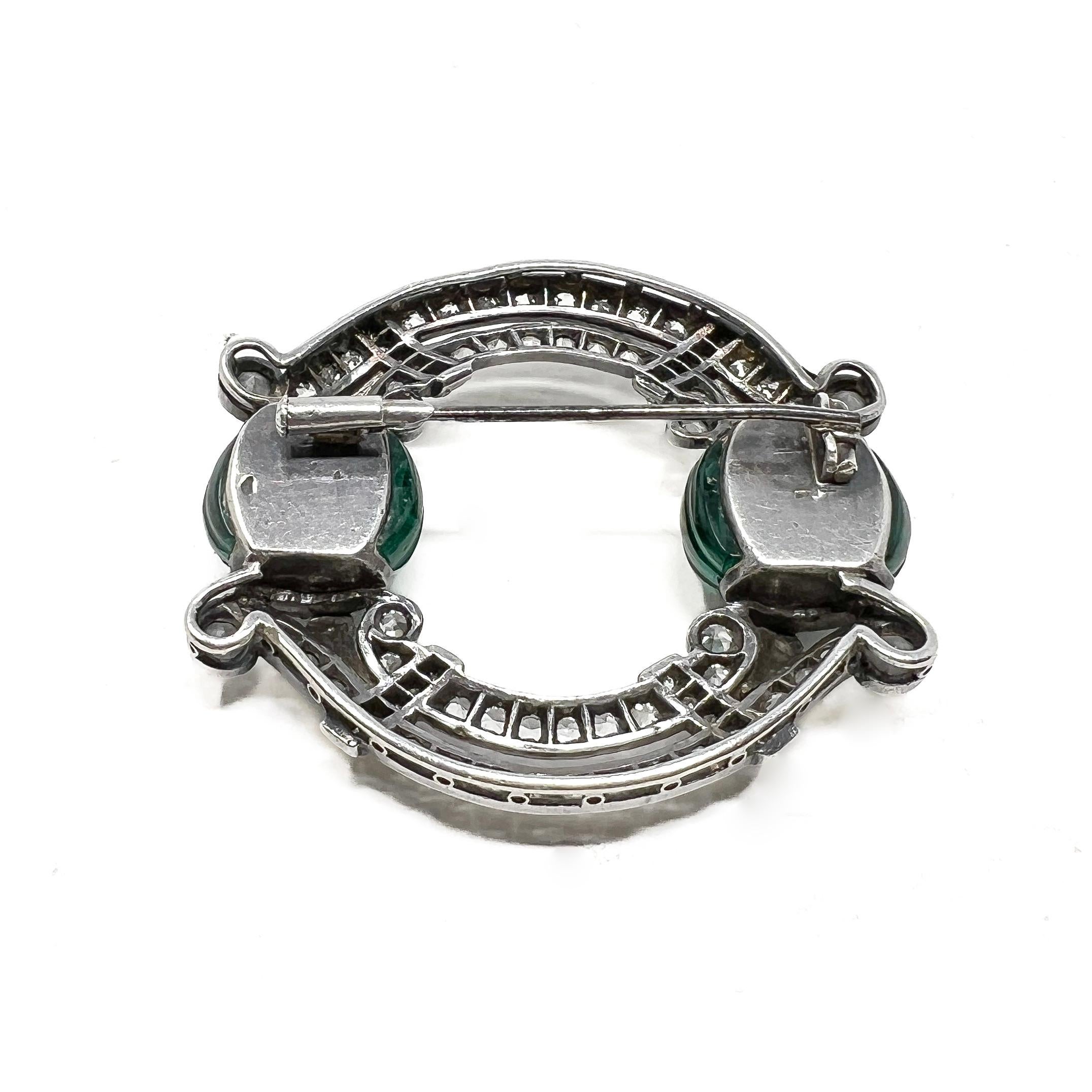 c.1920 Art Deco French Silver, Paste and Emerald Melon Cut Glass Vintage Brooch For Sale 3