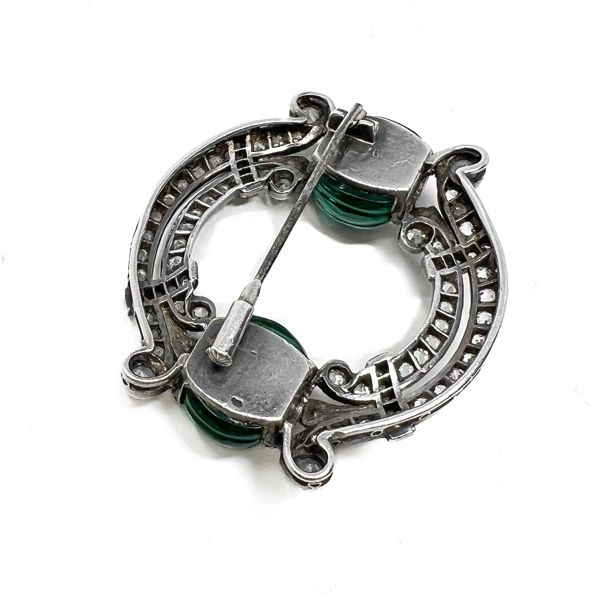 c.1920 Art Deco French Silver, Paste and Emerald Melon Cut Glass Vintage Brooch For Sale 5