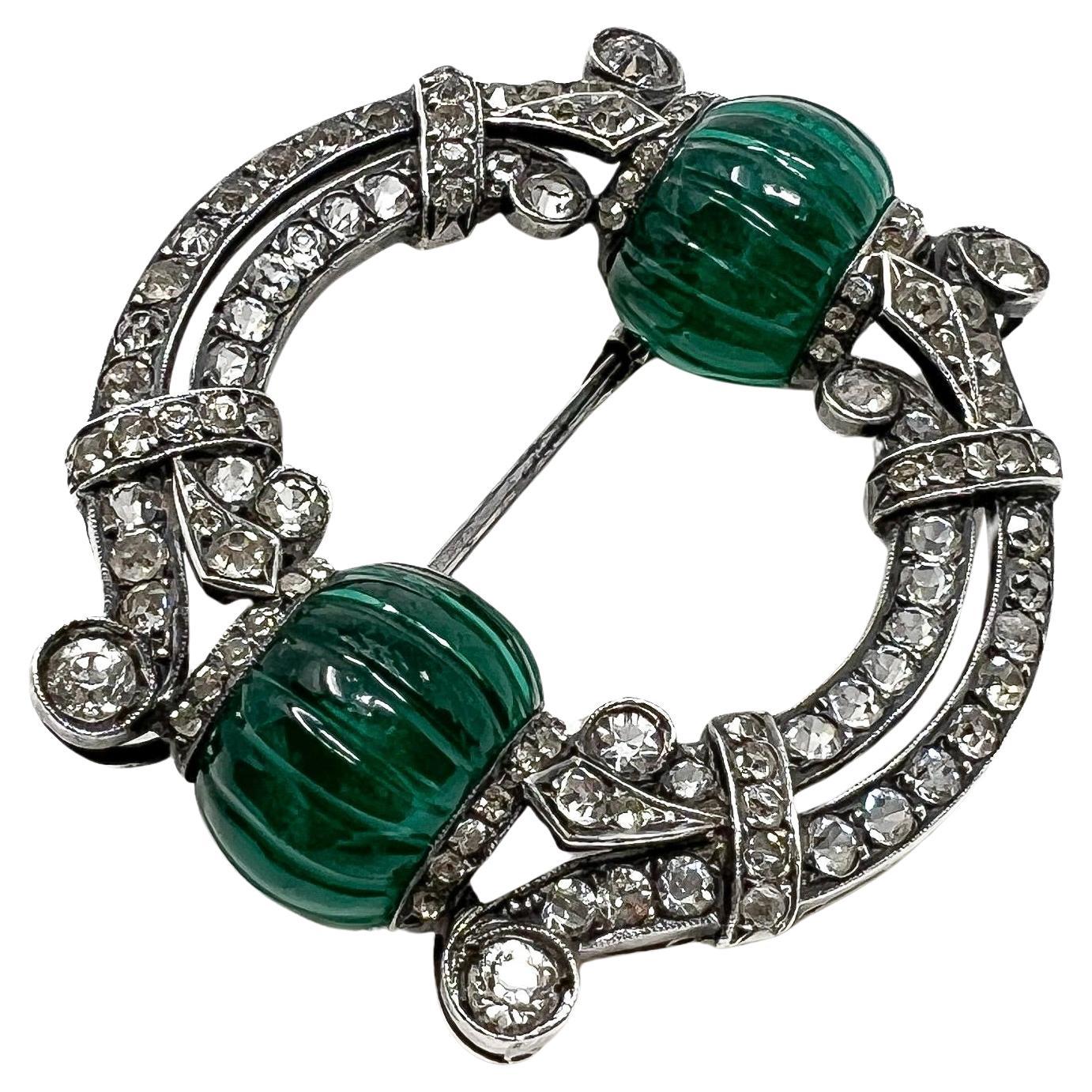 c.1920 Art Deco French Silver, Paste and Emerald Melon Cut Glass Vintage Brooch For Sale
