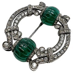 c.1920 Art Deco French Silver, Paste and Emerald Melon Cut Glass Vintage Brooch