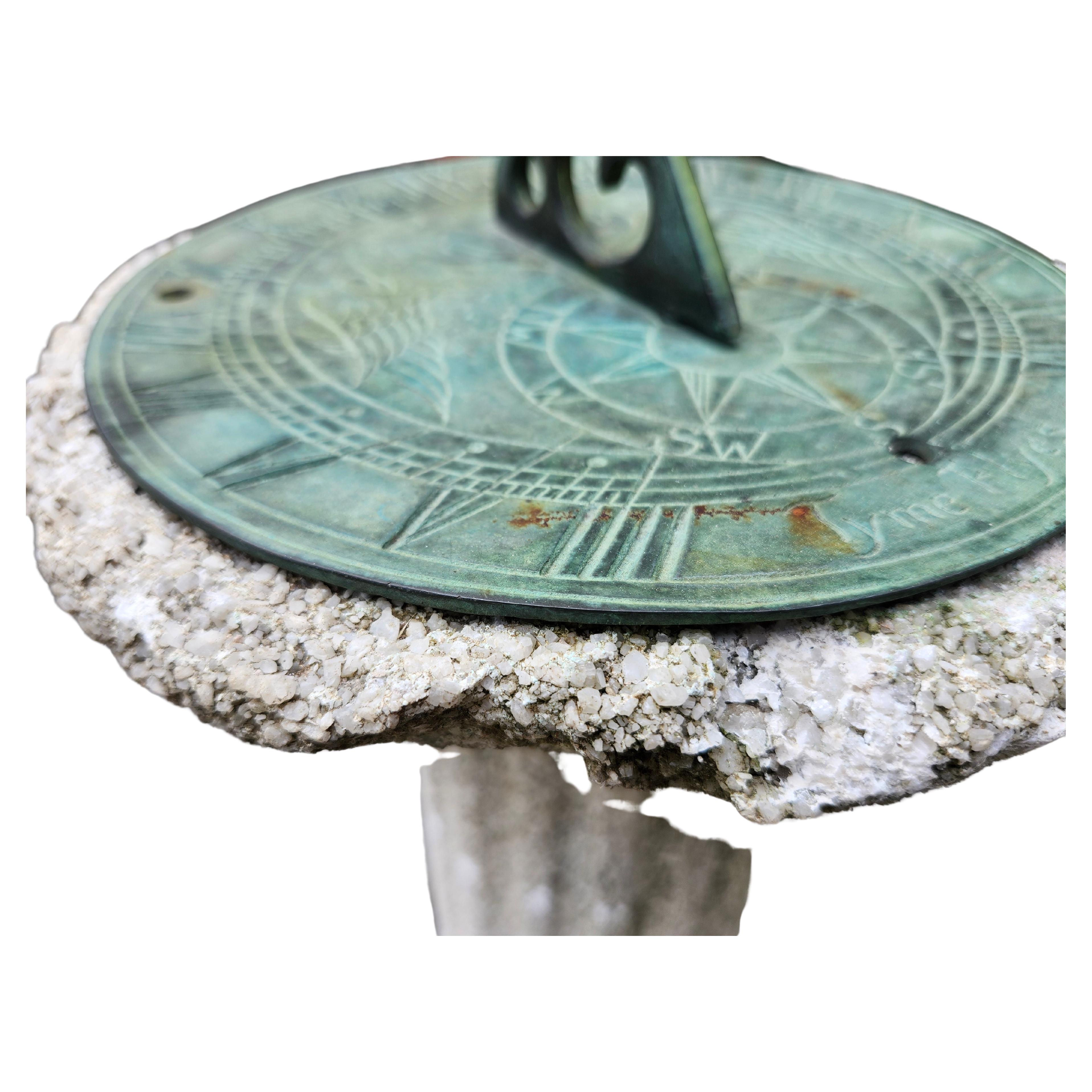 Greco Roman C1920 Cast Stone Base with Bronze Verdigras Sundial