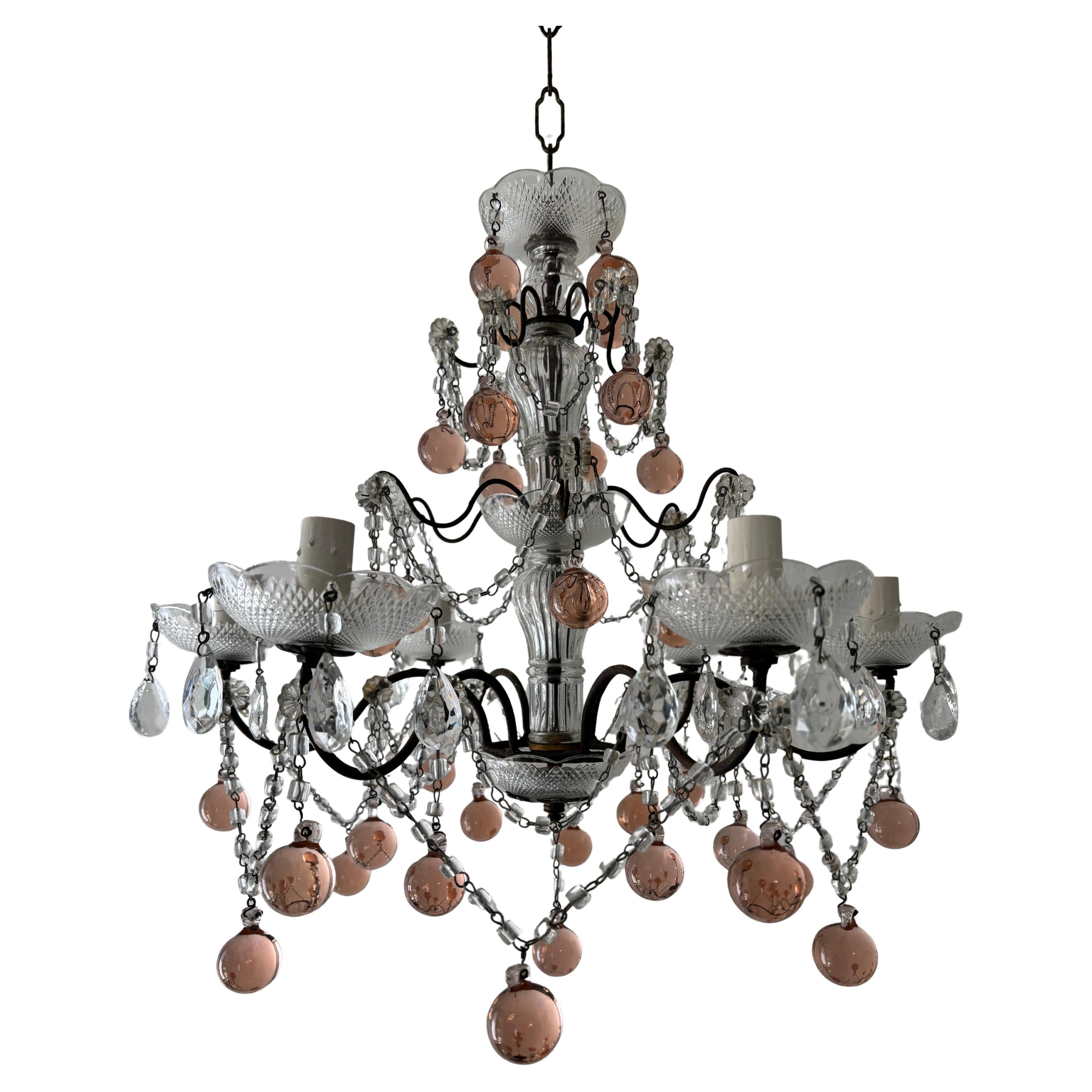 c1920 French Pink Murano Glass Balls Crystal Swags Chandelier