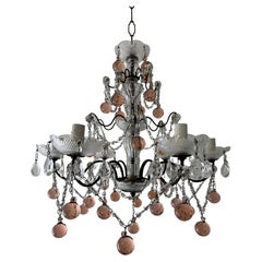 Antique c1920 French Pink Murano Glass Balls Crystal Swags Chandelier